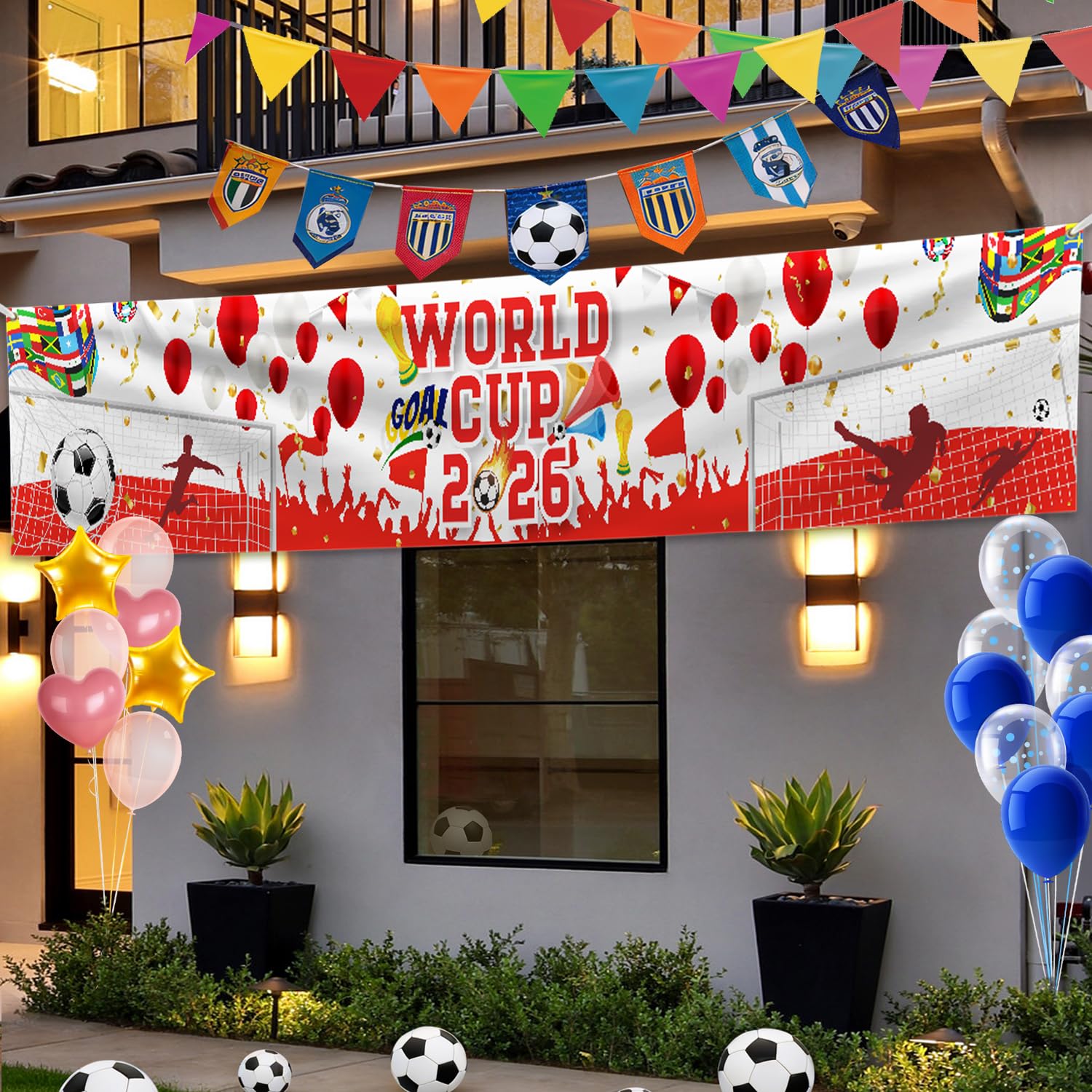2026 Football Long Banner, 118 x 24 Inches Football Party Decoration, Game Day Wall Hanging for Outdoor & Indoor Events, World Fan Celebration Decor (Red) - 2