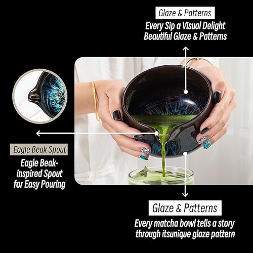 Vista 4 de TEANAGOO Juego de 2 cuencos de matcha con boquilla, juego de cuencos de cerámica de 17.2 onzas líquidas y soporte para batidor, Chawan Matcha azul