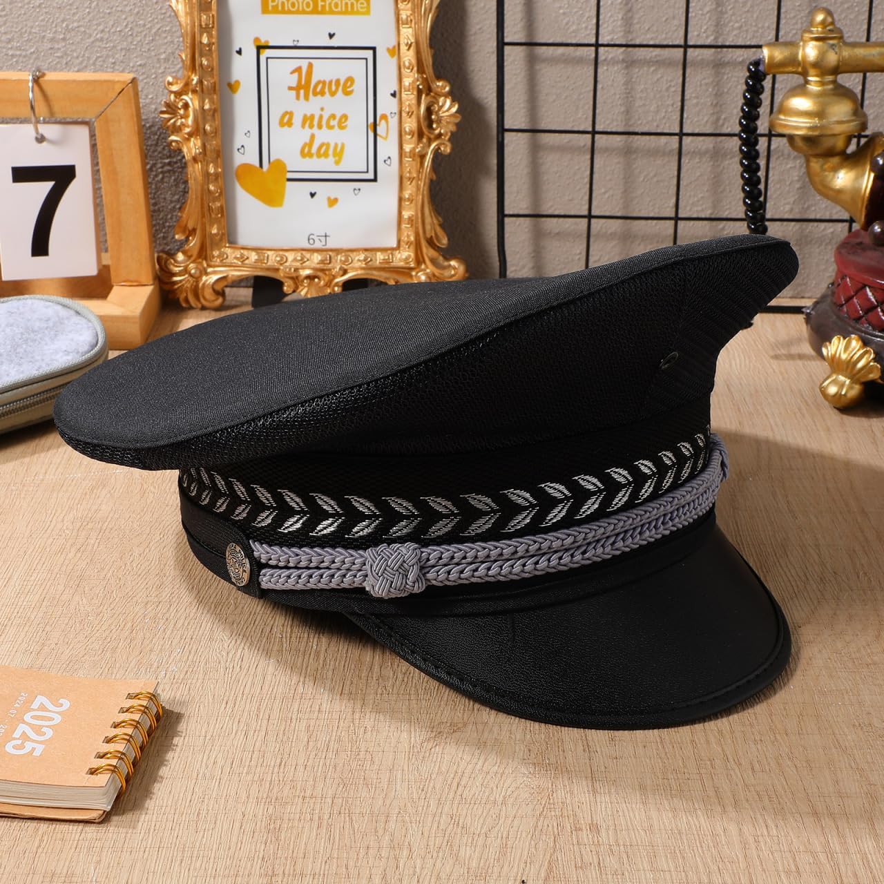 Sosoport Breathable Officer Hat, Black Yacht Sailor Cap with Silver Rope & Wide Brim Security & Police Officer Hat for Cosplay Halloween Costume - Unisex Adult - Image 8