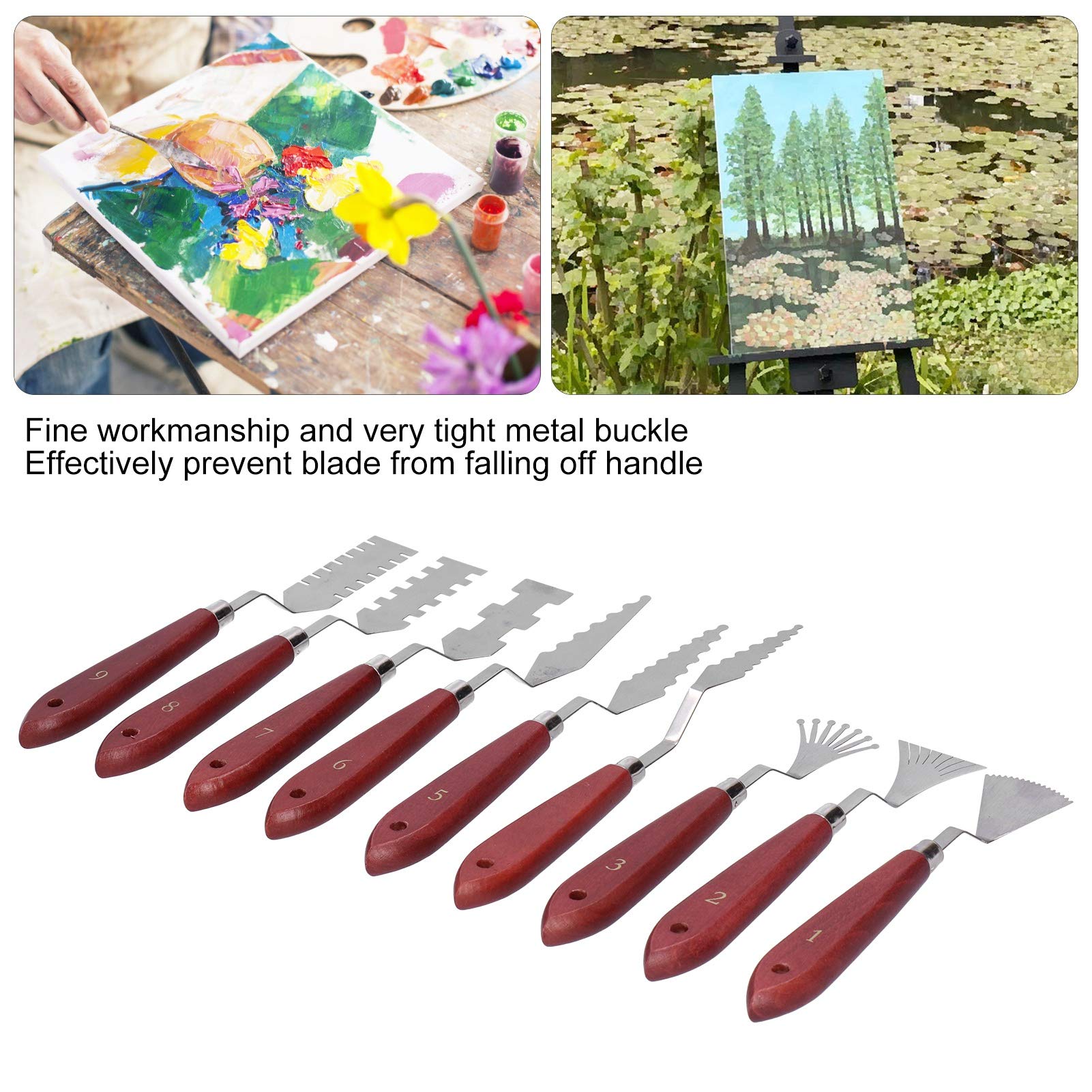 Restokki 9Pcs Palette Knife Shaped Wooden Handle Oil Painting Pallet Art Spatula Mixing Acrylic Scraper