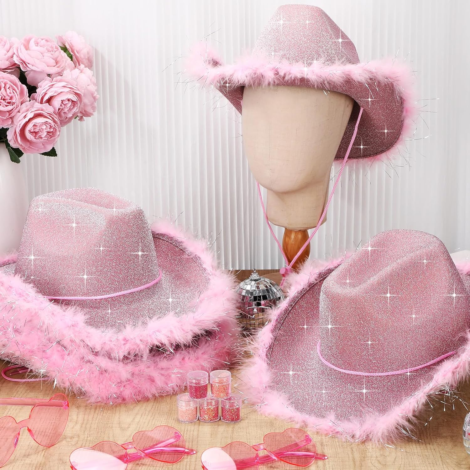 Coume 23 Pcs Cowboy Light up Hat Bulk Sparkly Holographic Hats with Heart Sunglasses for Women Costume Western Party - Image 3