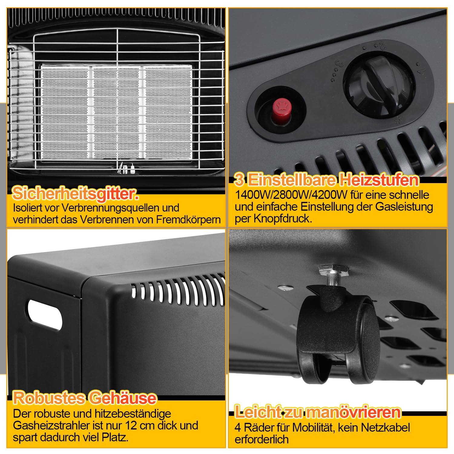 Nagrzewnica gazowa, 4200 W, z regulatorem ciśnienia gazu, wąż gazowy, z 3 zabezpieczeniami, butle gazowe lub butle z propanem, kolor czarny