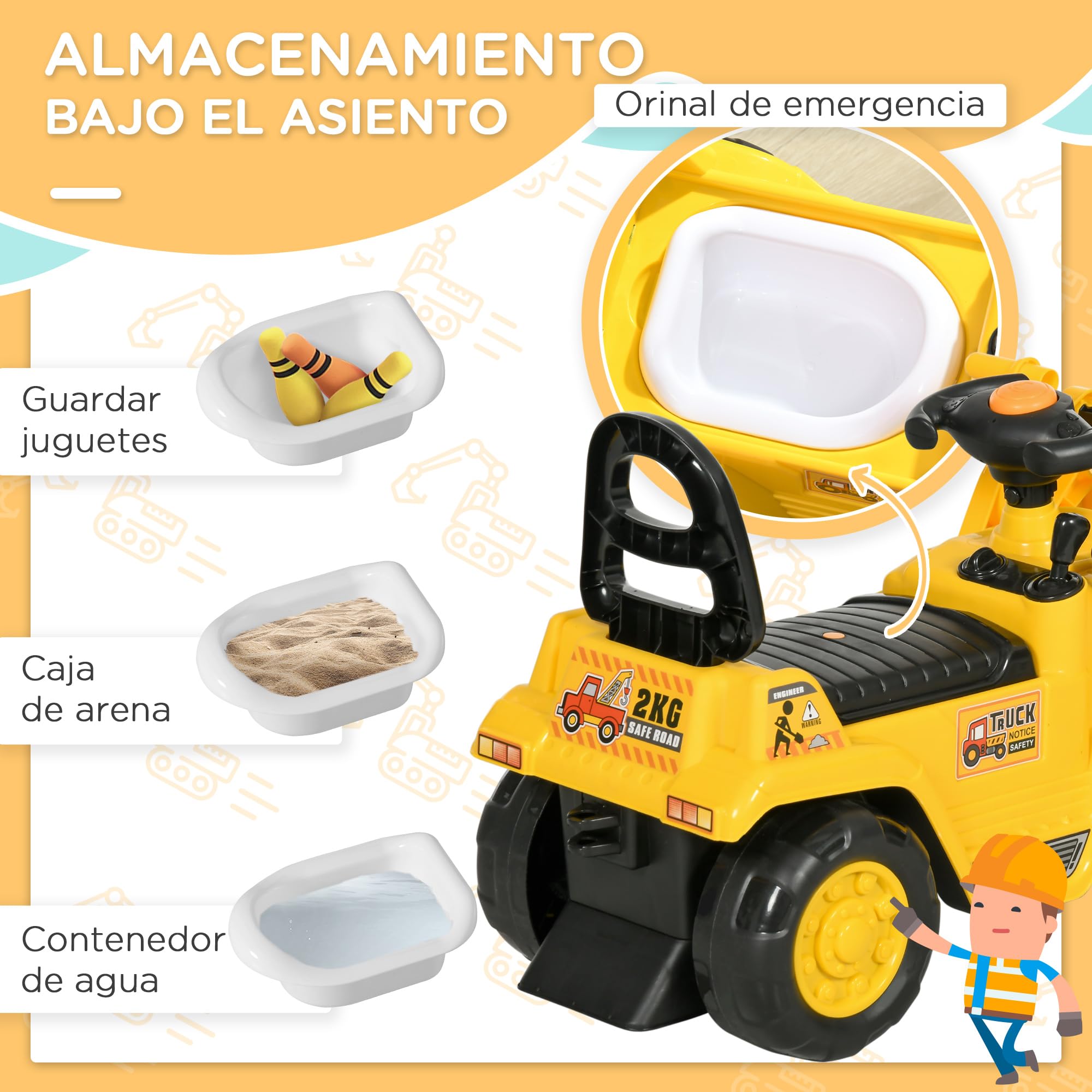 HOMCOM Tractor a Pedales para Niños de 18 a 48 Meses, Excavadora para Niños con Pala Delantera, Bocina, Volante y Compartimento Oculto bajo el Asiento, Carga 30 kg, 80x26,5x39 cm, Amarillo