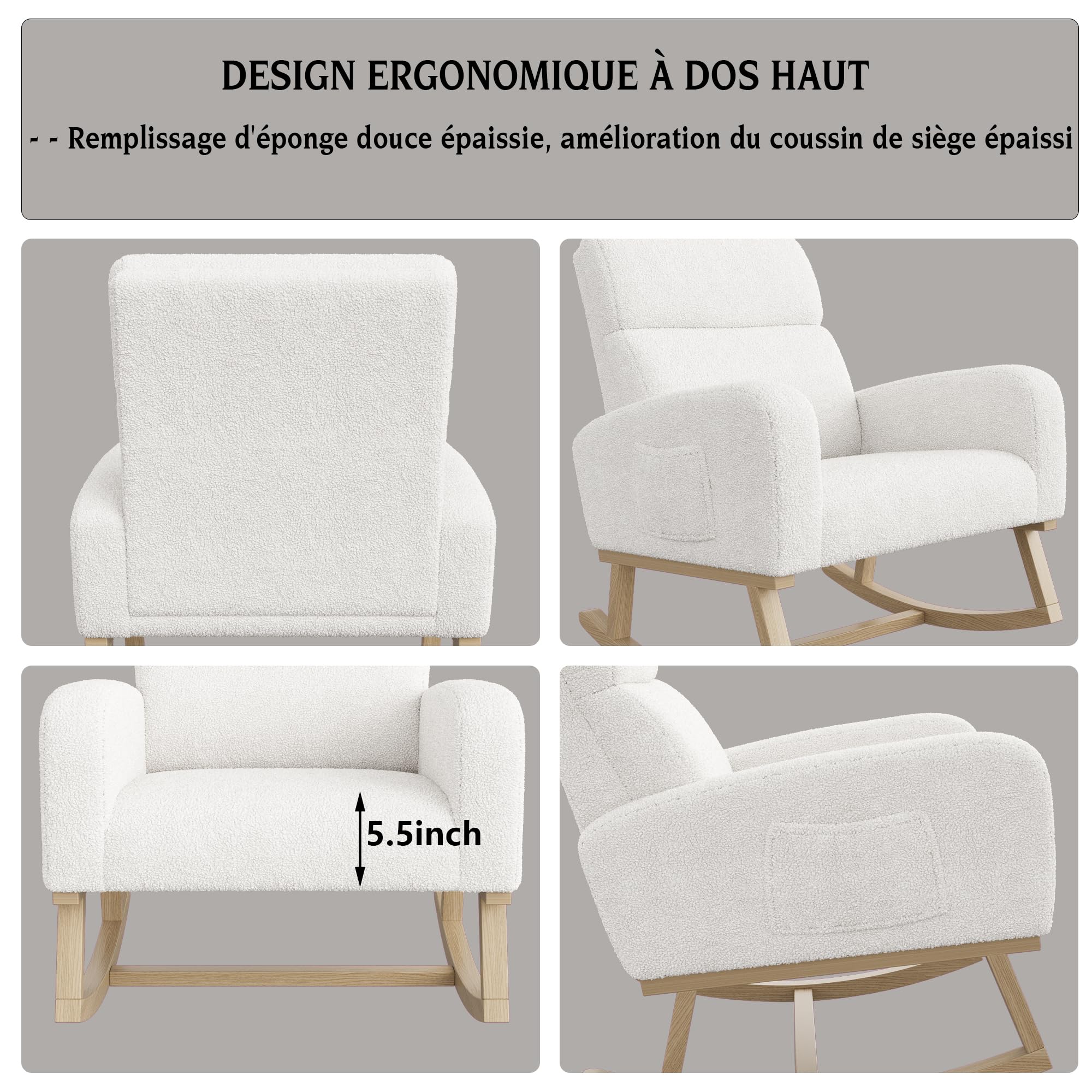 Mecedora tapizada con respaldo alto, sillón reclinable con patas de madera y bolsillo lateral, sillón reclinable de lactancia, blanco (blanco, 96 x 70 x 75 cm)