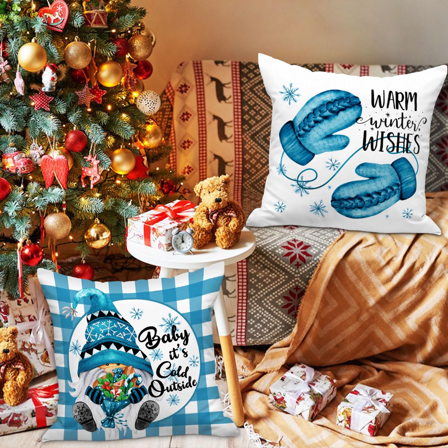 Lanpn 4 Stück Kissenbezug Weihnachten Kissenhülle 45x45 cm, Zwerg Winterkissenbezug Dekoration für Sofa Blau 45 x 45 cm
