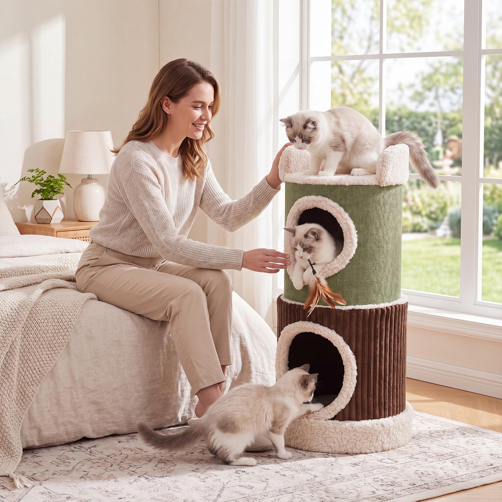 GOPLUS 85 cm Barril Rascador para Gatos de 3 Niveles | Árbol para Gatos con Plataforma Superior, 2 Cuevas, Centro de Actividad Acolchado para Mascotas, Dormitorio, Sala de Estar