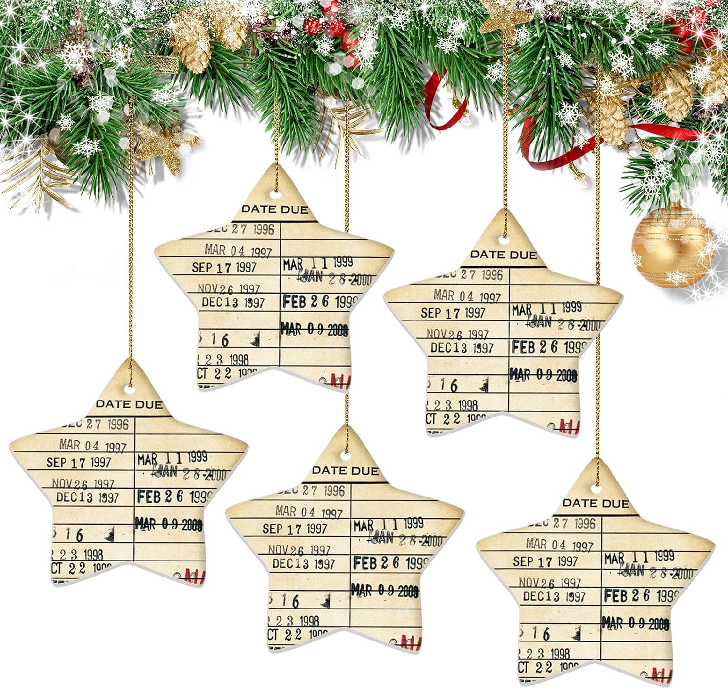 Sieral 5 Pcs Book Club Gifts Library Due Date Card Christmas Ornament Vintage Ceramic Keepsake Star Shaped Tree Librarian Gift for Bibliophile Teacher Students Lover Bookworm, Black