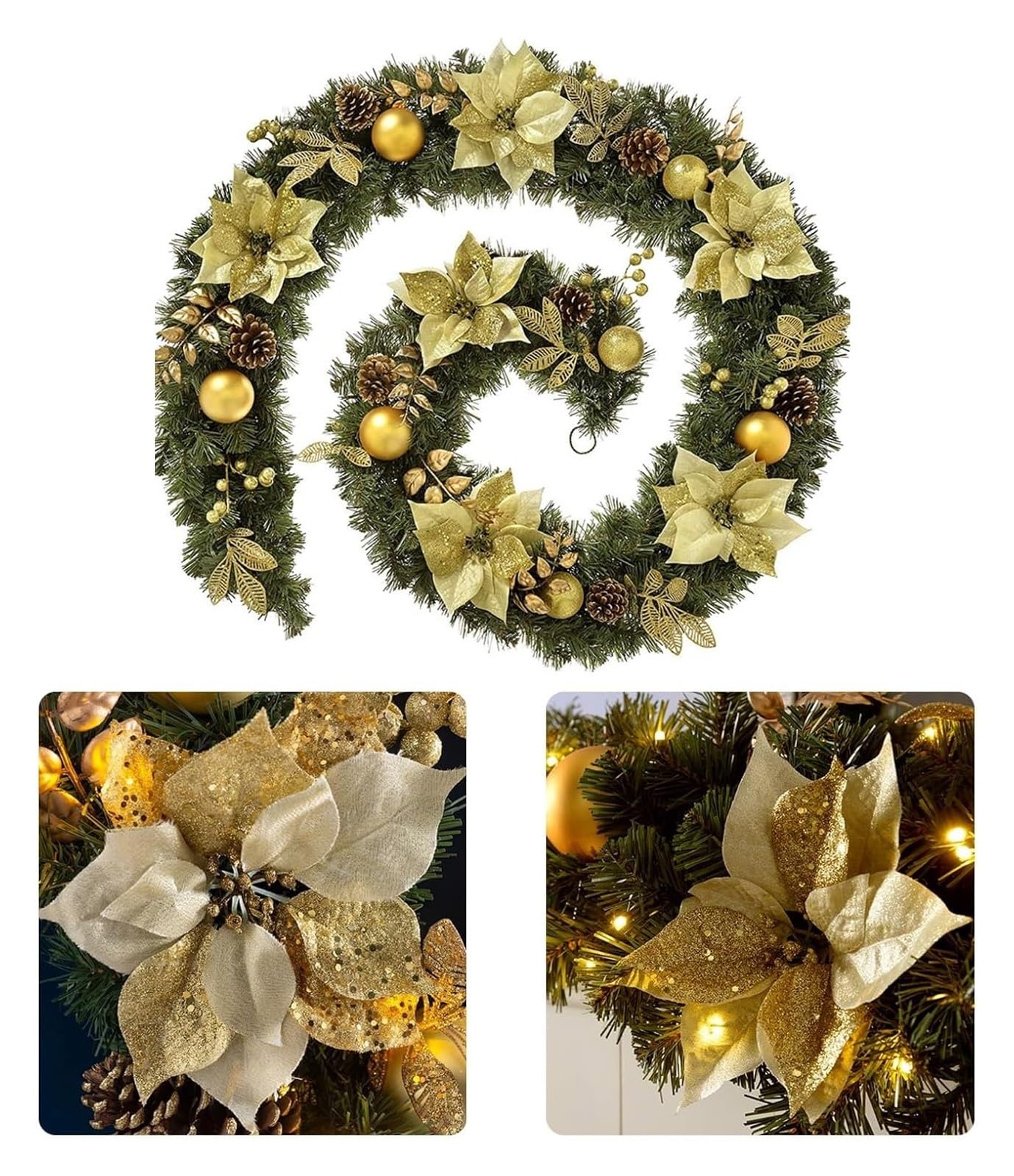 Guirnalda navideña, Guirnalda de Manto preiluminada 9 pies con piñas, Bayas, Bolas y Decoraciones Florales(Gold)
