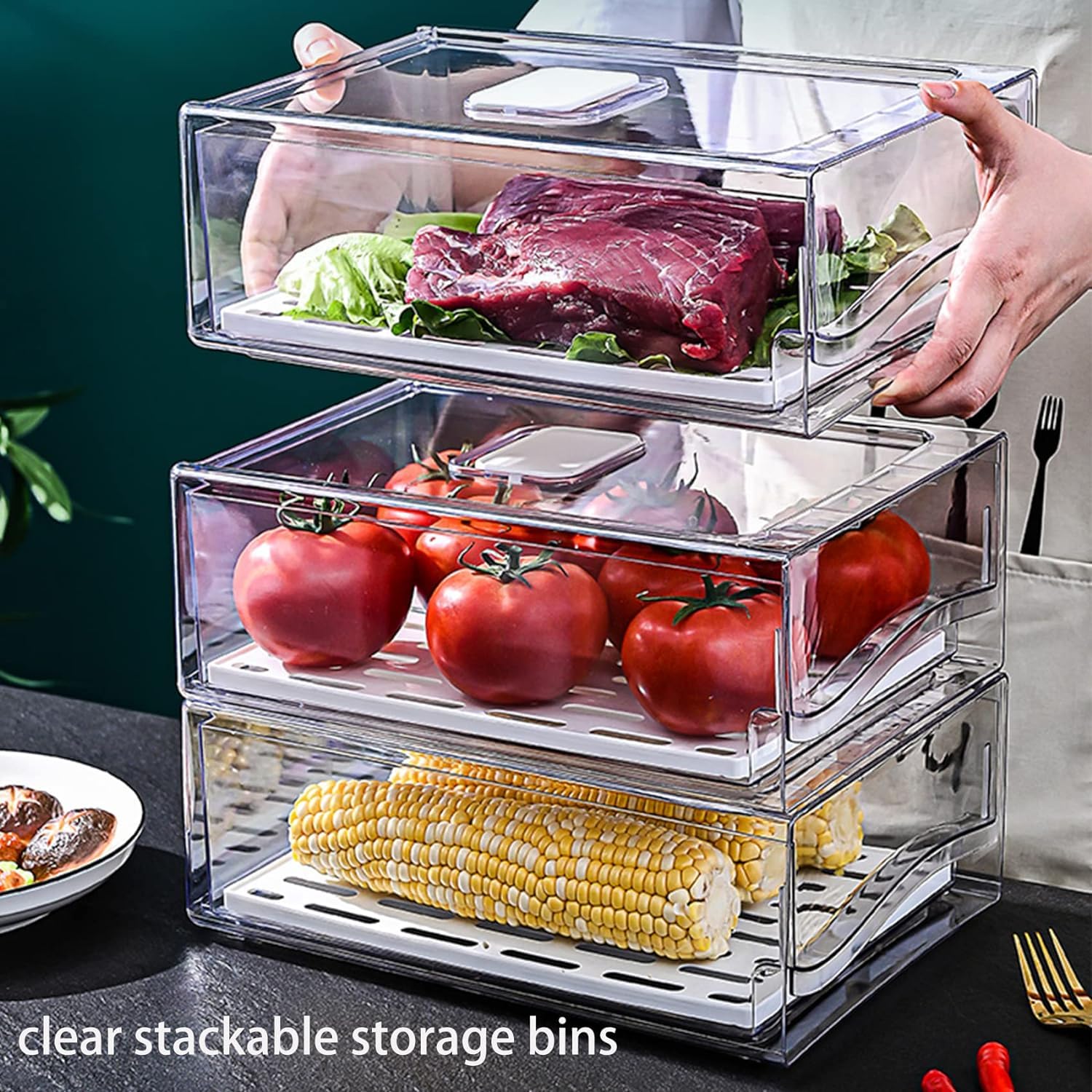 YekouMax Organizer Frigorifero, Impilamento Contenitori per Frigorifero, Salvaspazio, Riutilizzabile, Adatto per Cucina Familiare, Frigorifero, Ristorante, Ristorante Barbecue, Trasparente, Senza BPA