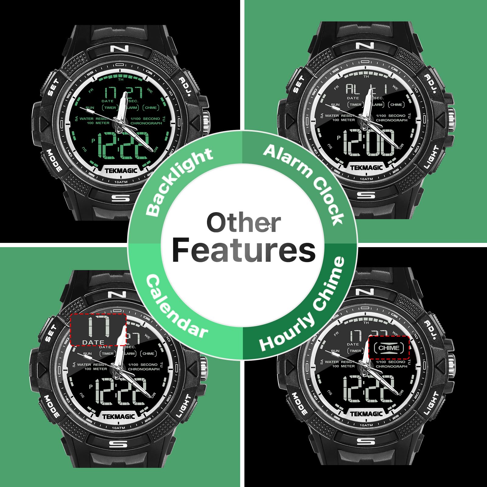 Genérico Reloj Pulsera Hombre Sumergible 100 Metros para Buceo y Nadar con Despertador, Cronometro, Hora Dual Calendario, Temporizador, Formato de 12 o 24 Horas, Visualización Analogico y Digital