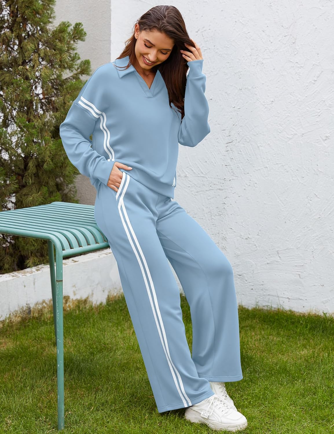 SHESHOW Lounge Sets for Women V-Neck Tracksuit 2-Stripes Wide Leg Pants 2 Piece Outfit Women Sweatsuits with Pockets XS-XXL - Image 5