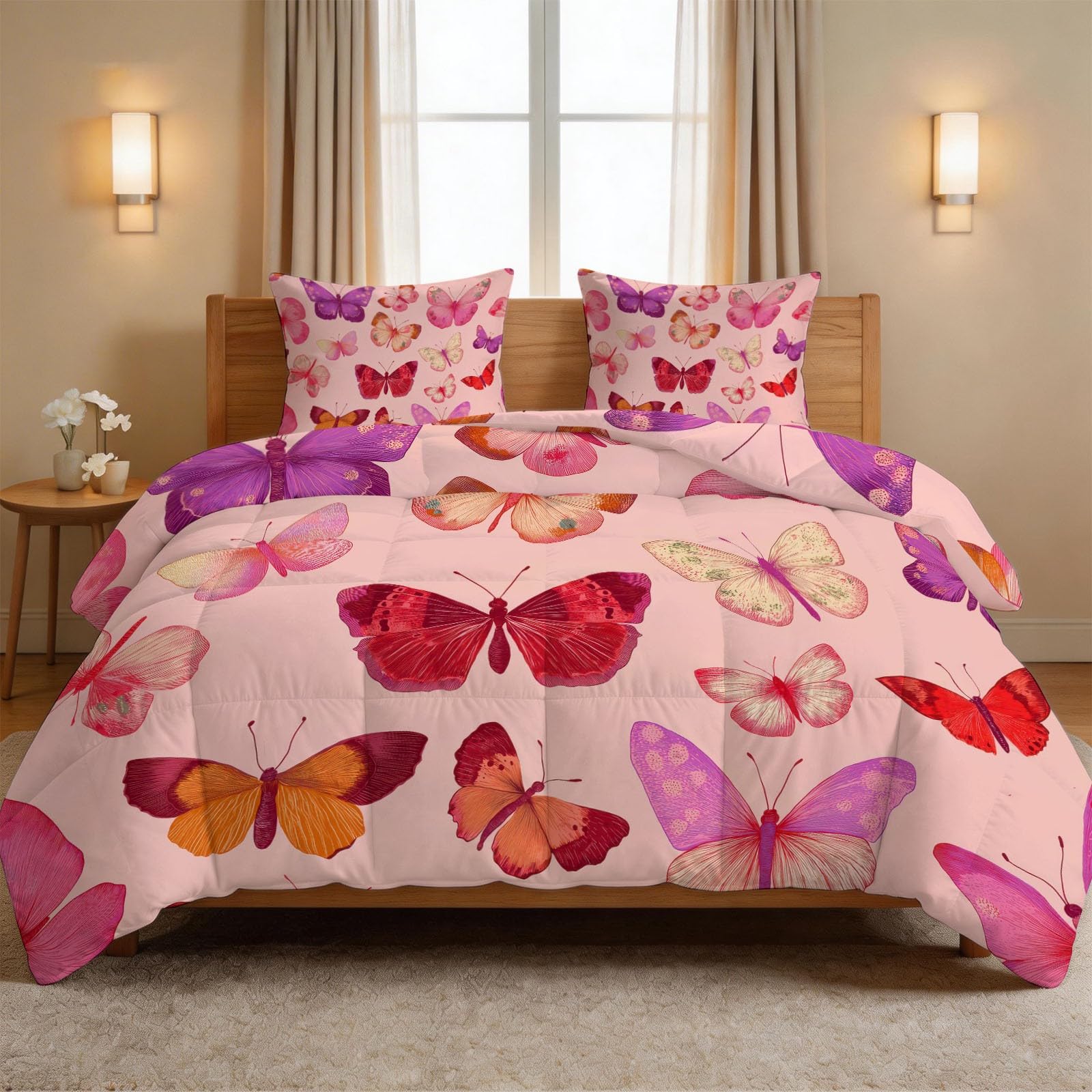 Letnia kołdra Romantic Watercolour 3 szt. Zestaw pościeli do łóżka 2-osobowego - 100% lekka i cienka prana bawełna - Zwierzęta motyle Skrzydła Kołdra 4 pory roku i 220 x 240 cm 2 poszewki na poduszki