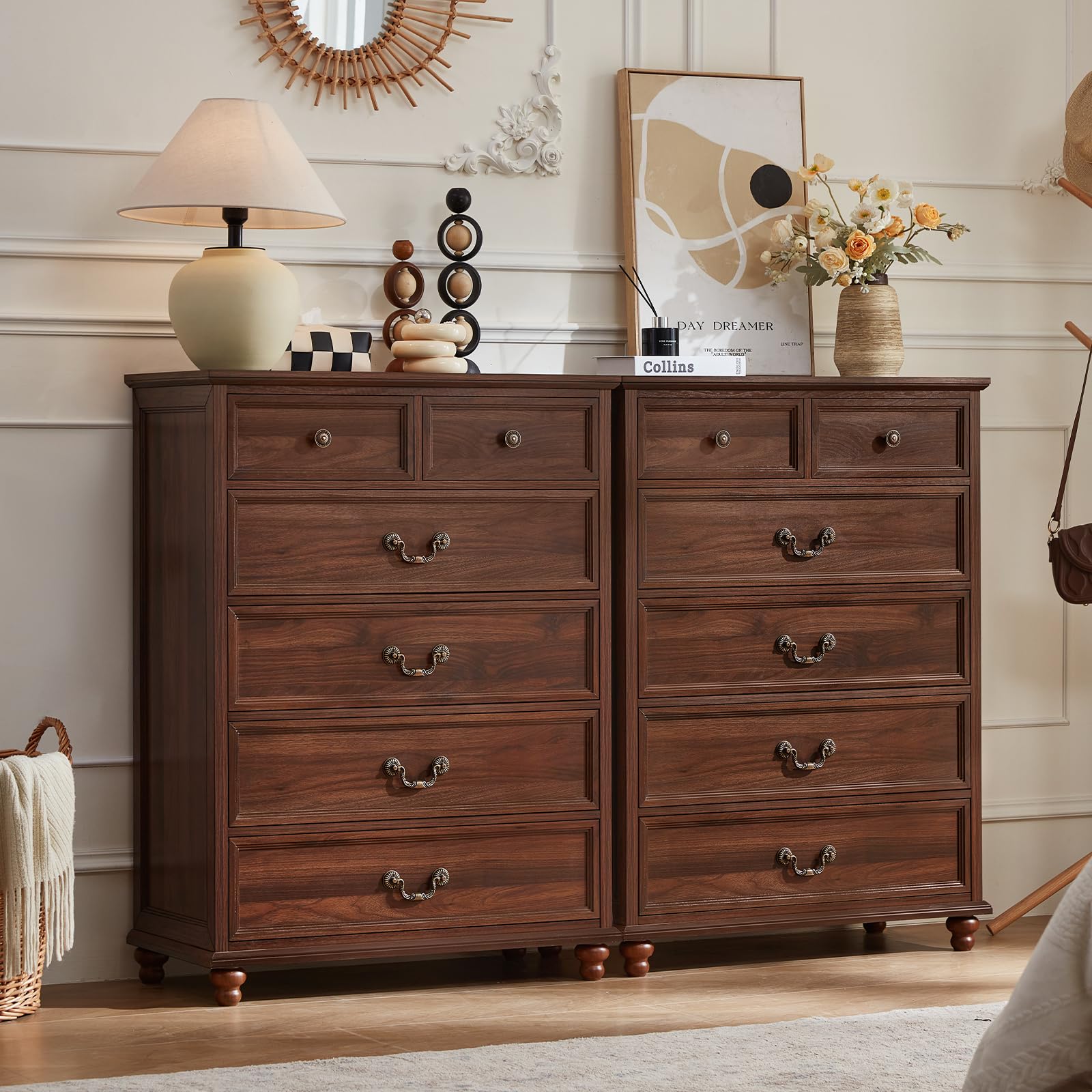 Joaxswe Farmhouse 6 Drawer Dresser Set of 2 for Bedroom, 42" Tall Rustic Chests of Drawers w/ 4 Solid Wood Feet, Mid Century Vintage Wooden Closet Storage Dressers Organizer for Living Room,Brown