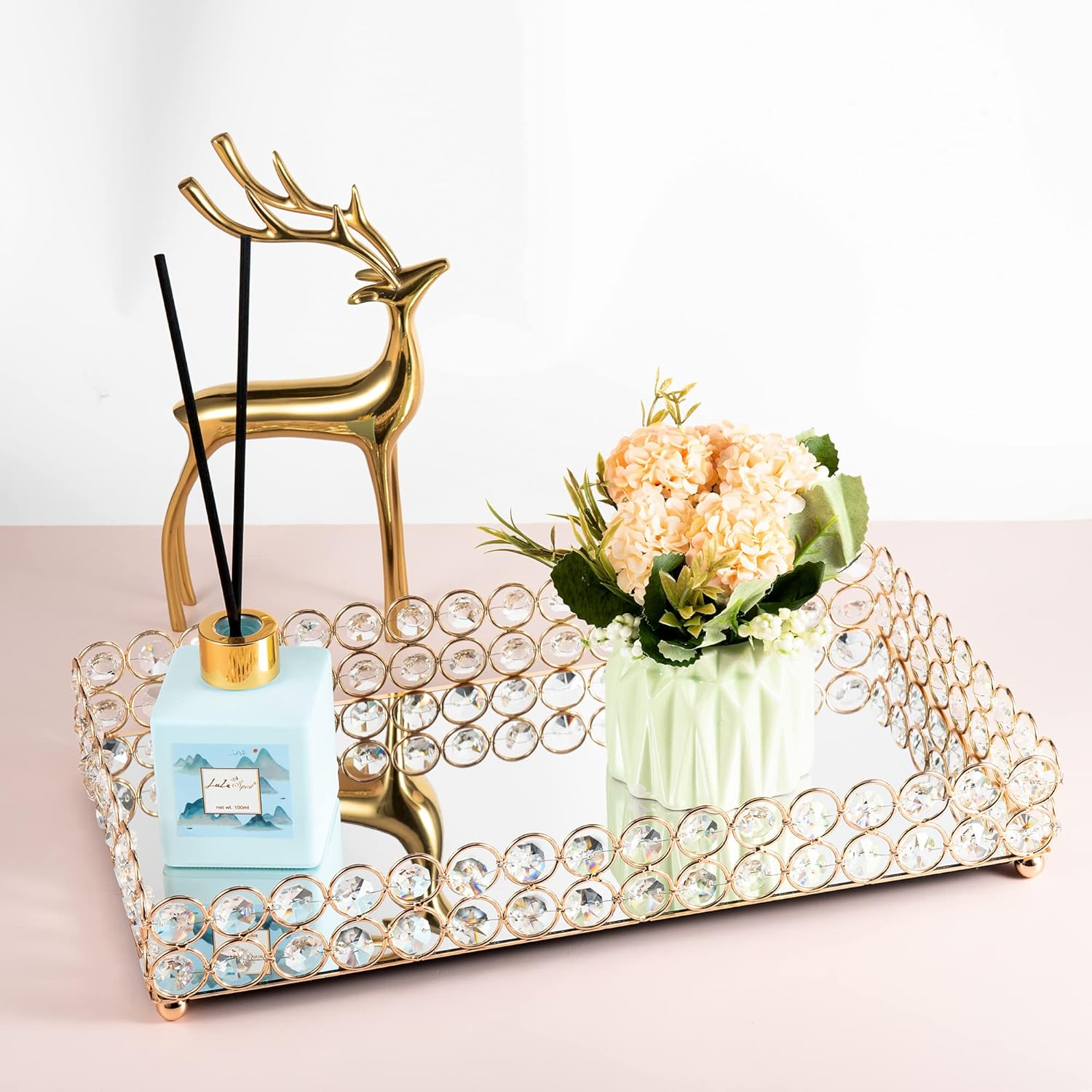 Feyarl Crystal Perfume Fragrance Tray Cosmetic Makeup Vanity Tray Jewelry Trinket Ring Earring Display Organizer Decorative Skin Care Storage for Home Dresser Countertop(13.7 x 7.87 inch)