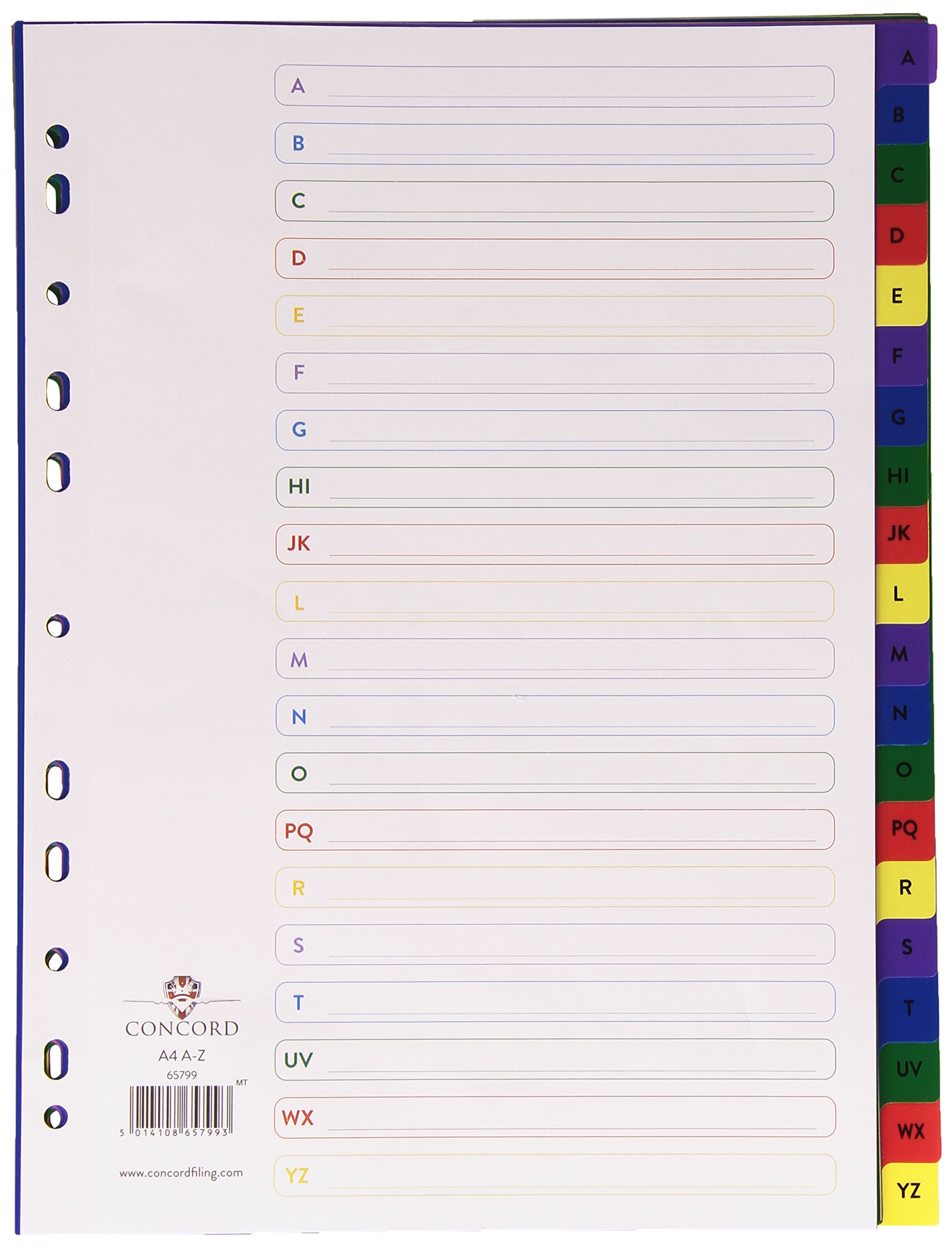 Concord Plastic Index Polypropylene 120 Micron Europunched A-Z A4 Assorted Ref 65799