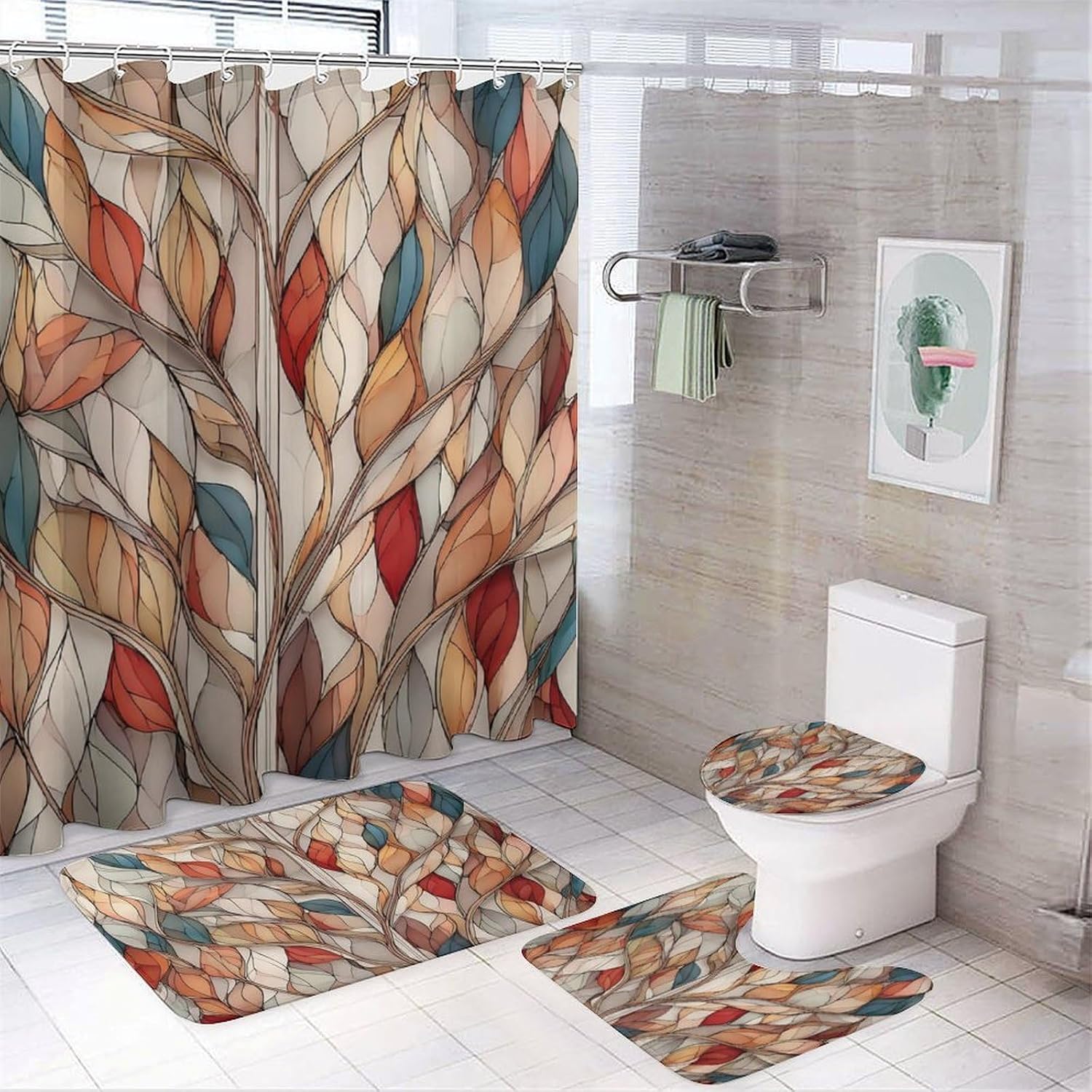 4Pcs Vibrant Stained Glass Shower Curtain Set