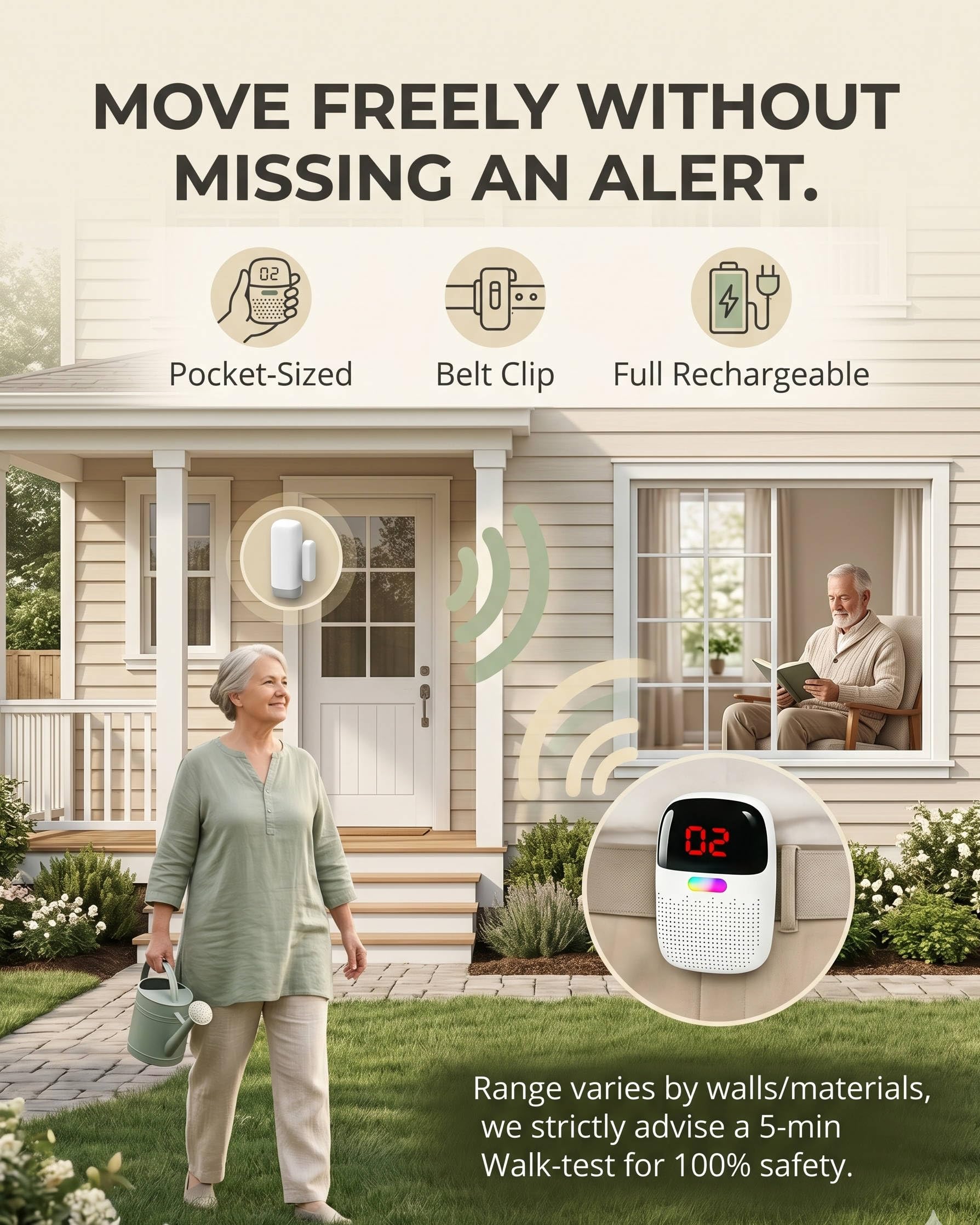 PILSAMAS Caregiver ricaricabile Pager & allarme porta quando aperto per demenza vagare anziani, portata 304,8 m sensore porta campanello con ricevitore ID LED portatile, vibrazione, nessun costo