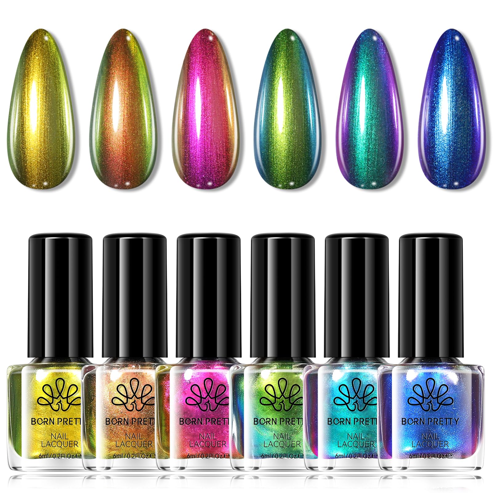 Born Pretty Chameleon Nail Polish Set,6 Colors Holographic Metallic Glitter Quick Dry Nail Polish Kit Fall Winter Blue Green Purple Nail Lacquer Long Lasting Set for Manicure Nail Art DIY Salon 6ml
