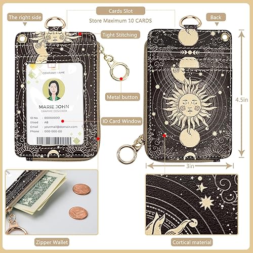 Miniatura 28 de Soporte para tarjetas de identificación negro con cordón, soporte vertical de piel sintética para tarjetas de identificación con 1 ventana de Negro