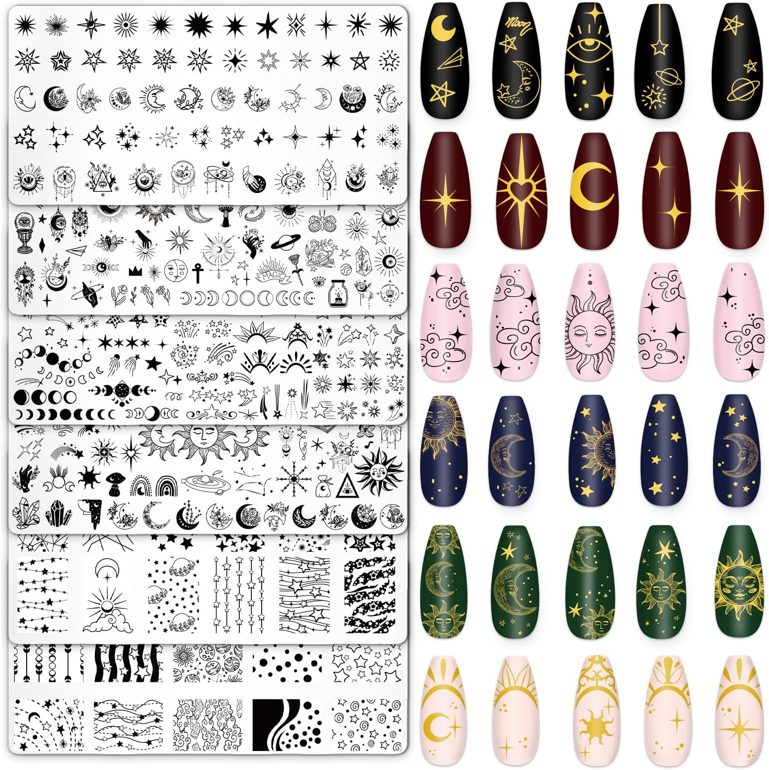 Whaline 6 Pcs Sun Moon Star Nail Plates Stamping Set Groovy Stamp Templates Nail Art Plates for DIY Print Manicure Salon Design Gift Supplies