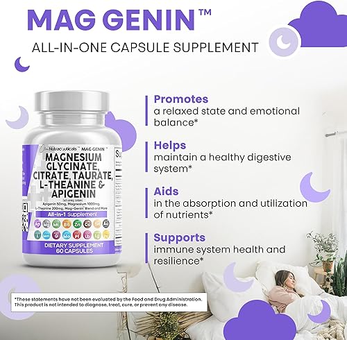 Miniatura 6 de Complejo de glicinato de magnesio 1000 mg con L-teanina 200 mg de apigenina 50 mg suplemento de taurato de citrato - 5-HTP GABA Passion Flower Lemon