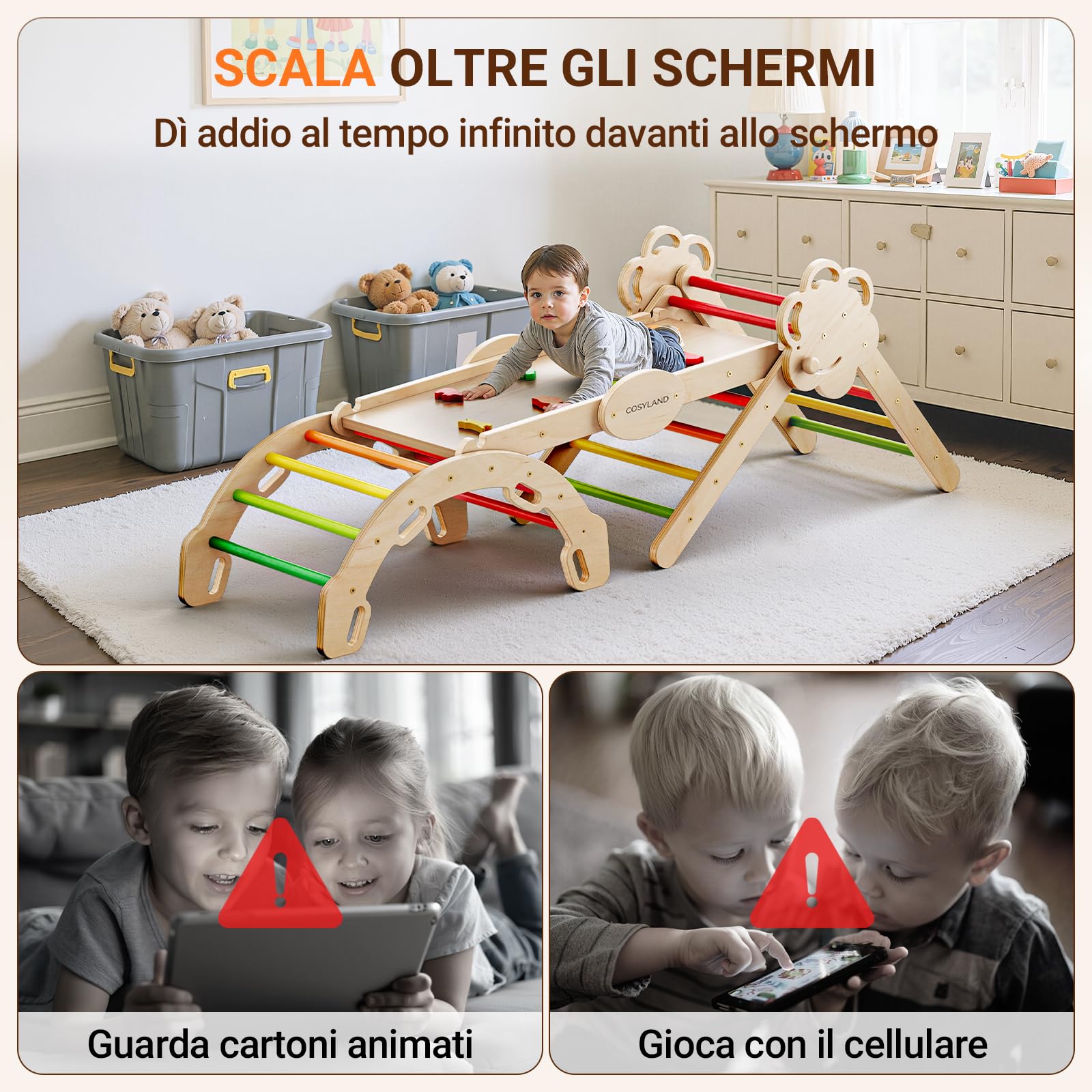 COSYLAND Set Arrampicata per Bambini 8-in-1, L, Colori Caldi | Con triangolo da arrampicata, arco educativo, scivolo e rampa, struttura pieghevole salvaspazio, adatto da 18 mesi-6 anni