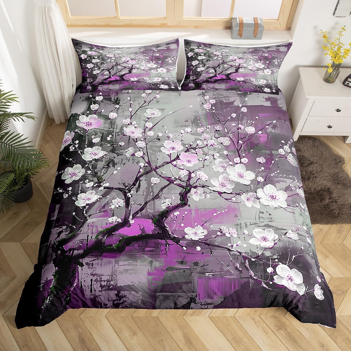White Floral Duvet Cover King Size,Purple Gray Marble Comforter Cover with 2 Pillowcase for Adults,Kids Abstract Art Bedding Set,Modern Simple Breathable 3 Pcs Decorative Bed Cover(No Comforter)