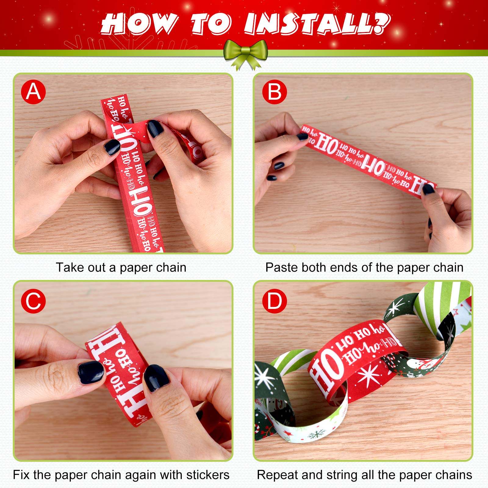 ASTARON 300 Pcs Christmas Paper Chains Festive Craft Paper Decorations 10 Styles, Multicolor - Image 4