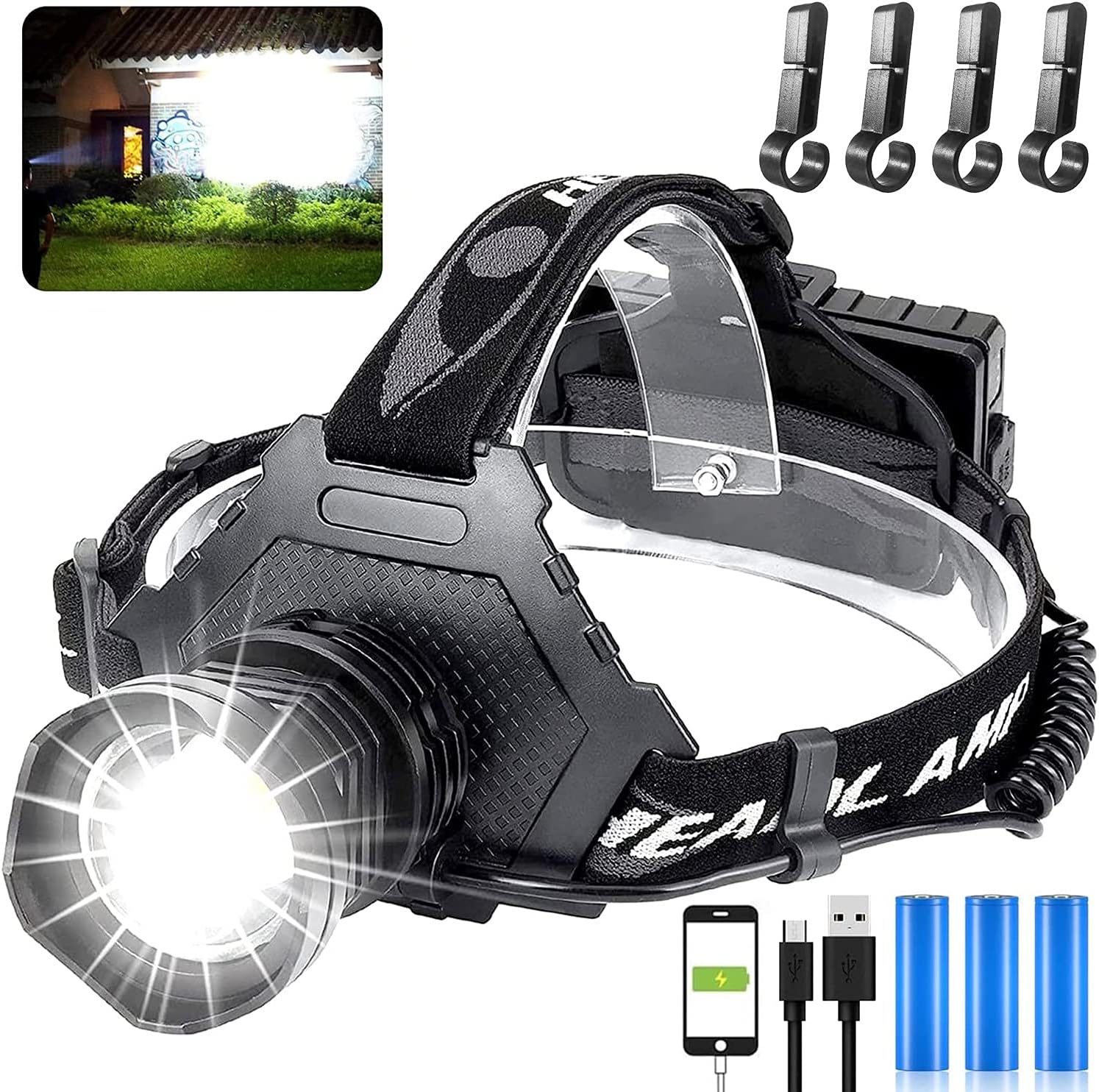 LED Rechargeable Headlamp 60000 High Lumen, XPH70 Brightest LED Work Headlight Zoomable, Waterproof, 5 Modes Lightweight Head Lamp for Adult Camping, Hard Hat, Hunting, with USB Output as Power Bank - - 