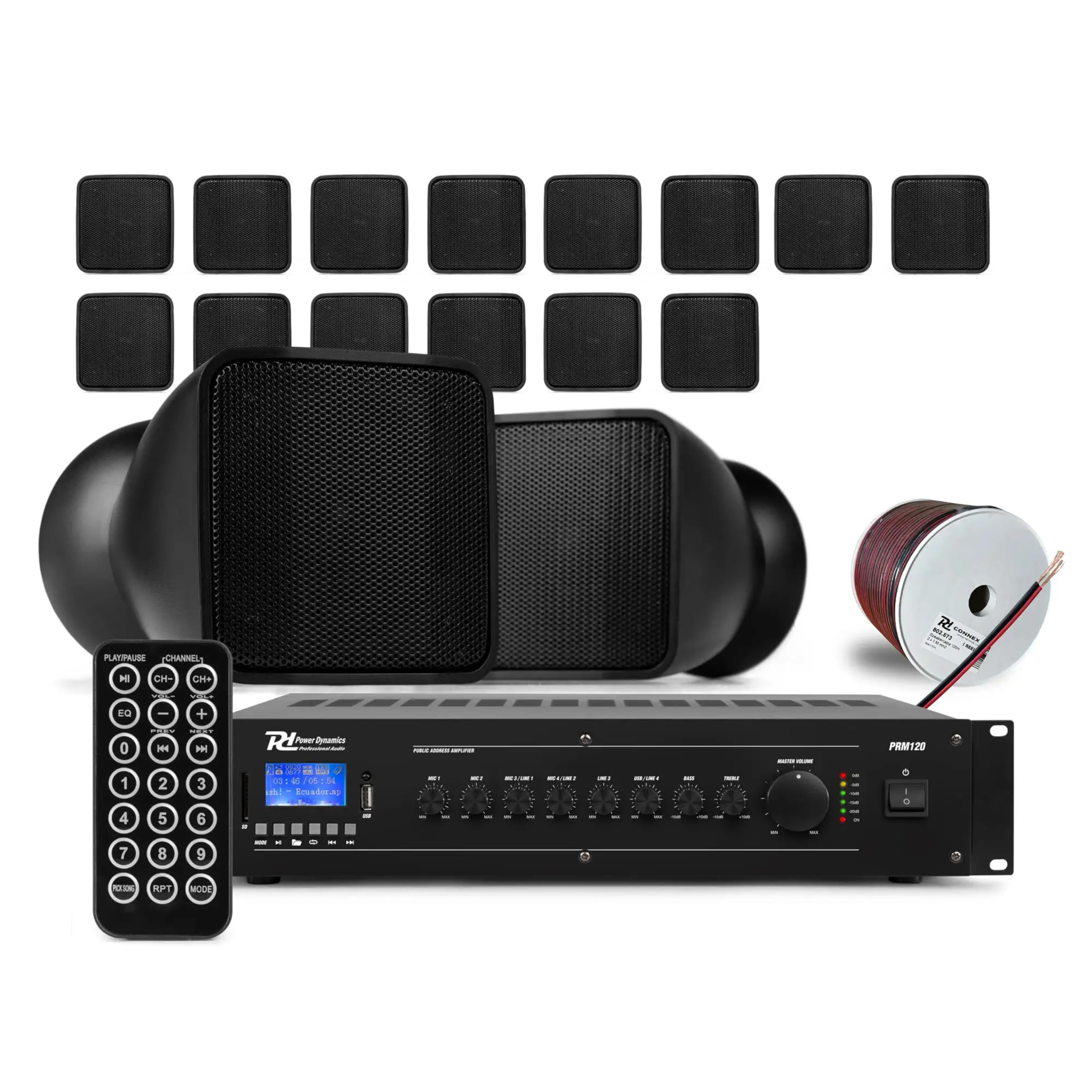 Power Dynamics BSX30B + PRM120 + RX22 – Sistema Sonido 100V con 16 Altavoces 2.5" 30W, Amplificador 120W, Bluetooth, MP3 y Cable 100m para megafonía e Hilo Musical Profesional, Color Negro