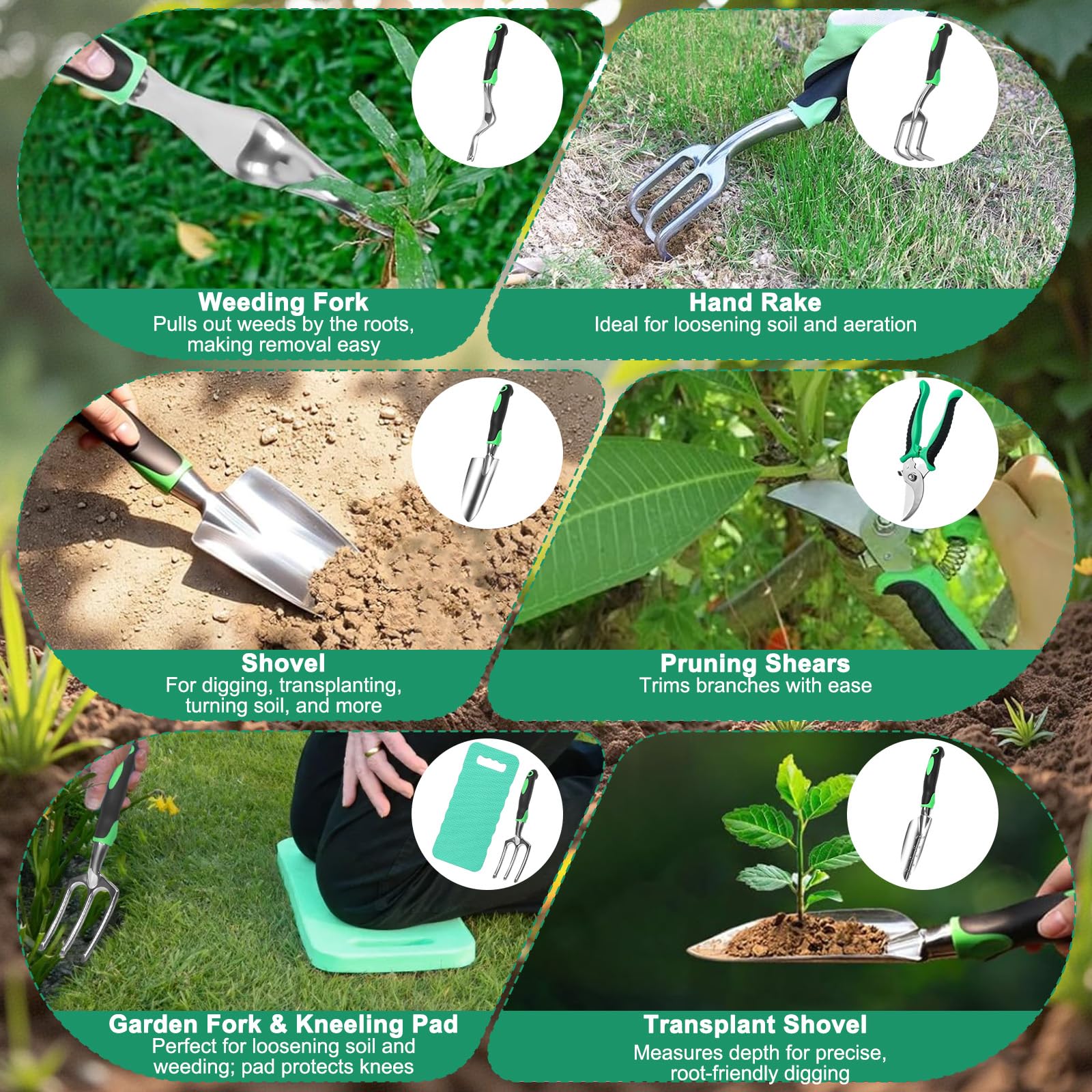 10 Pièces Kit Outils Jardinage Adulte avec Sécateur, Vaporisateur, Genouillères, Gants Travail, Petite Pelle, Houe, Sarcloire et Sac Toile, Outillage de Jardin pour Entretien Plantes Extérieur