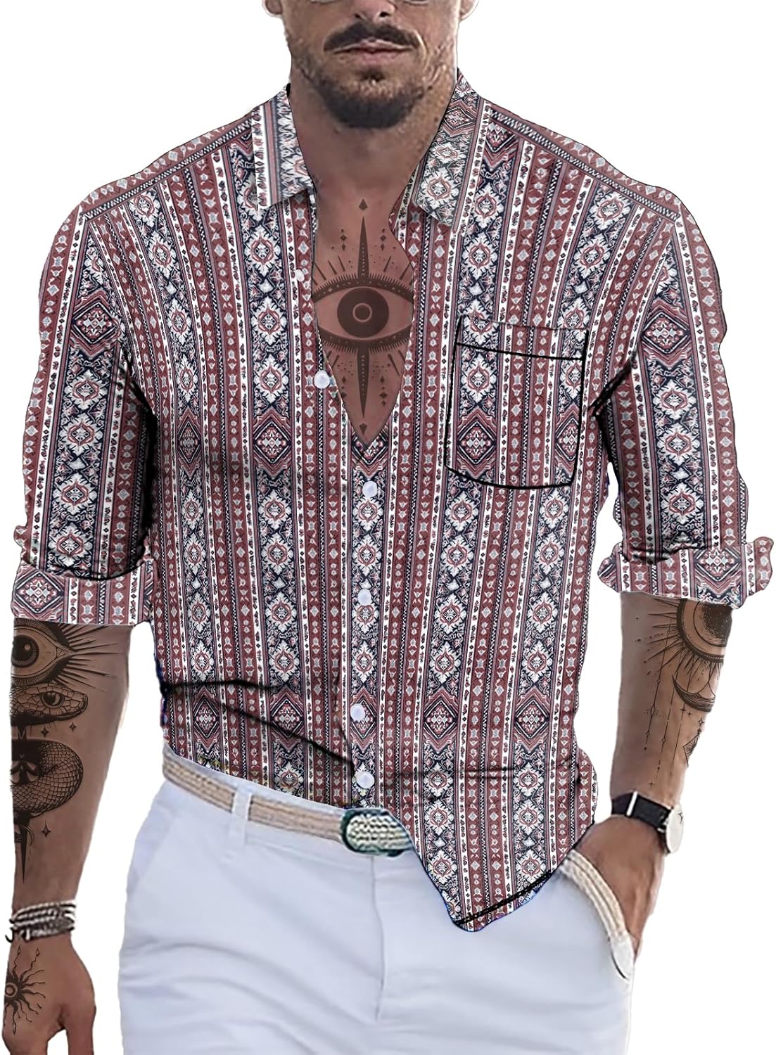 Mens Button Down Long Sleeve Shirt Ethnic 2025 Summer Hawaiian Beach Casual Vintage Cool Novelty Lightweight Shirt