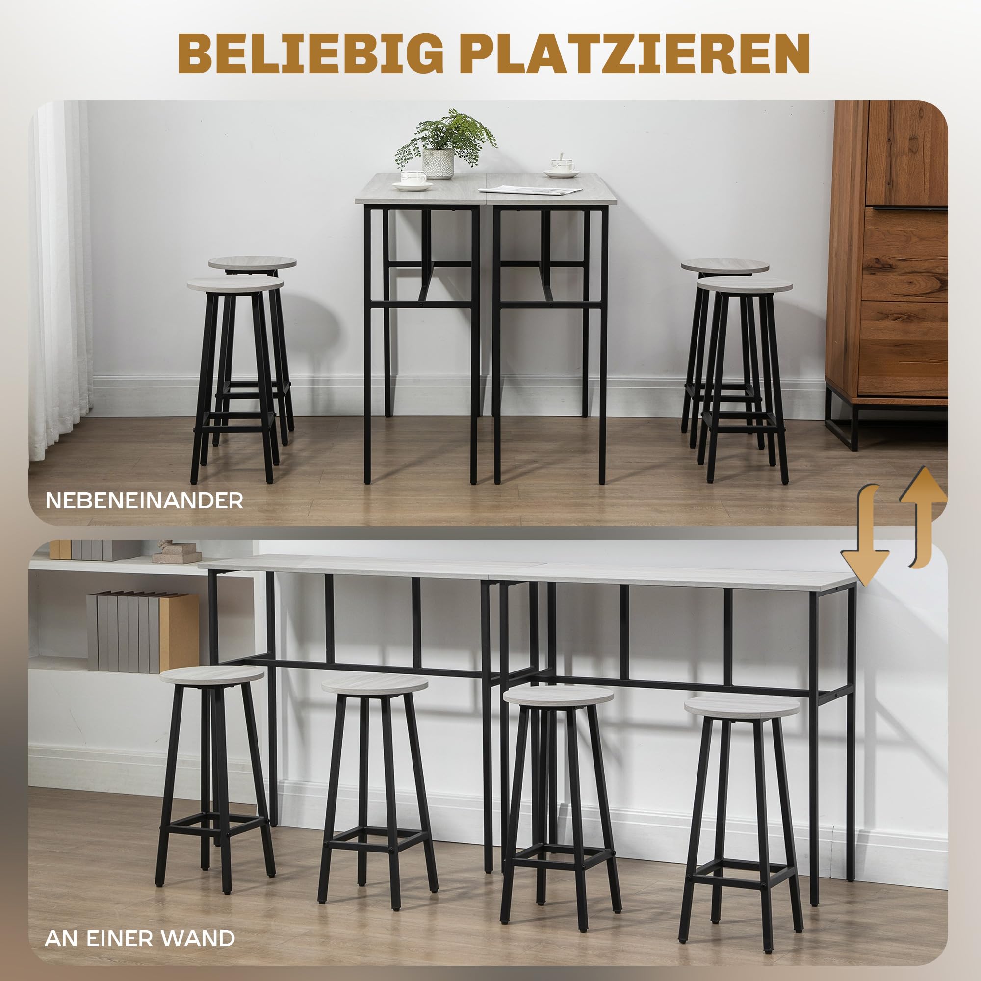 HOMCOM 6-teilig Essgruppe im Industrial Design 2 Bistrotisch Grau+Schwarz