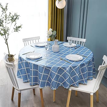 Tablecloth Round Tablecloth PVC Plaid Oil-Proof Heat Wipe Clean Table Cloth Vinyl Cover for Home Picnic Outdoor IndoorDark Blue,Diameter 160CM