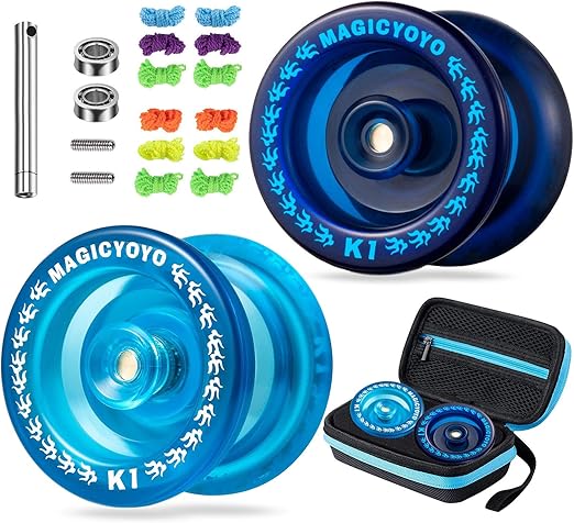 MAGICYOYO Pack of 2 Yoyos for Kids, K1 MAGICYOYO Responsive YoYos with 2 Yoyo Sacks + 12 Strings and 2 Yo-Yo Gloves Gift ( Dark Blue & Crystal Blue)