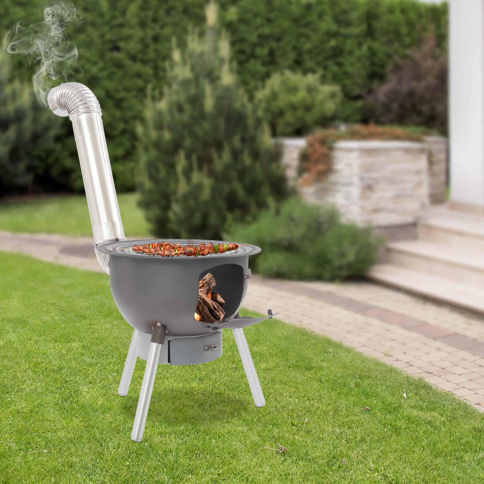 Stufa a legna per esterni con griglia, braciere da campeggio in acciaio, fornello portatile per giardino, campeggio, terrazza, picnic