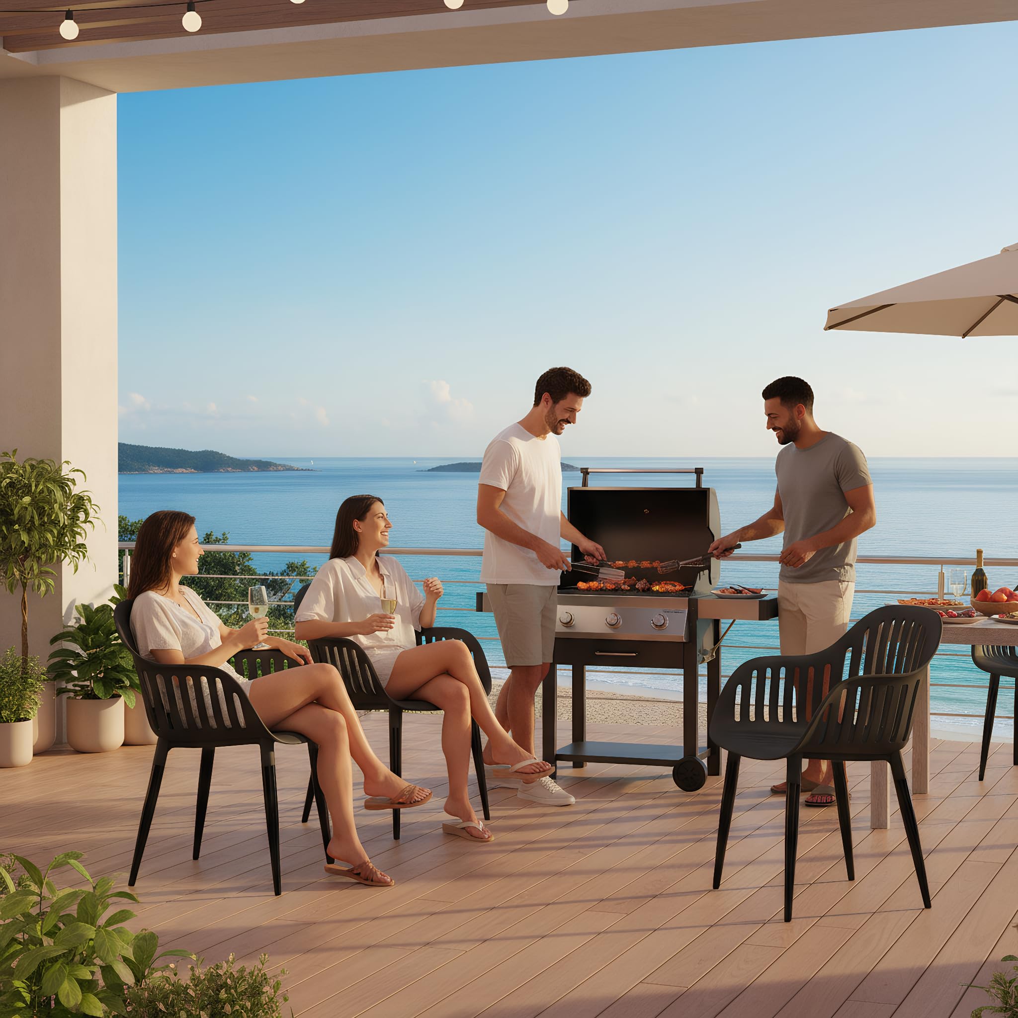 Gartenstuhl 8er Set, Outdoor Stühle Wetterfest mit Armlehne, Gartenstühle UV-beständig bis 120 kg, Terrassenstuhl Terrasse Balkon Outdoor Garten, Schwarz