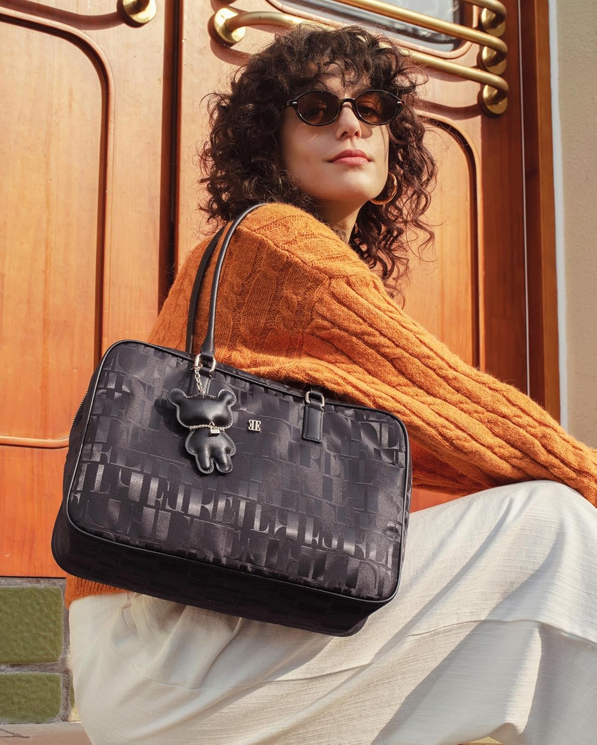 ELLE Women's Monogram Shoulder Bag, Black - Image 3