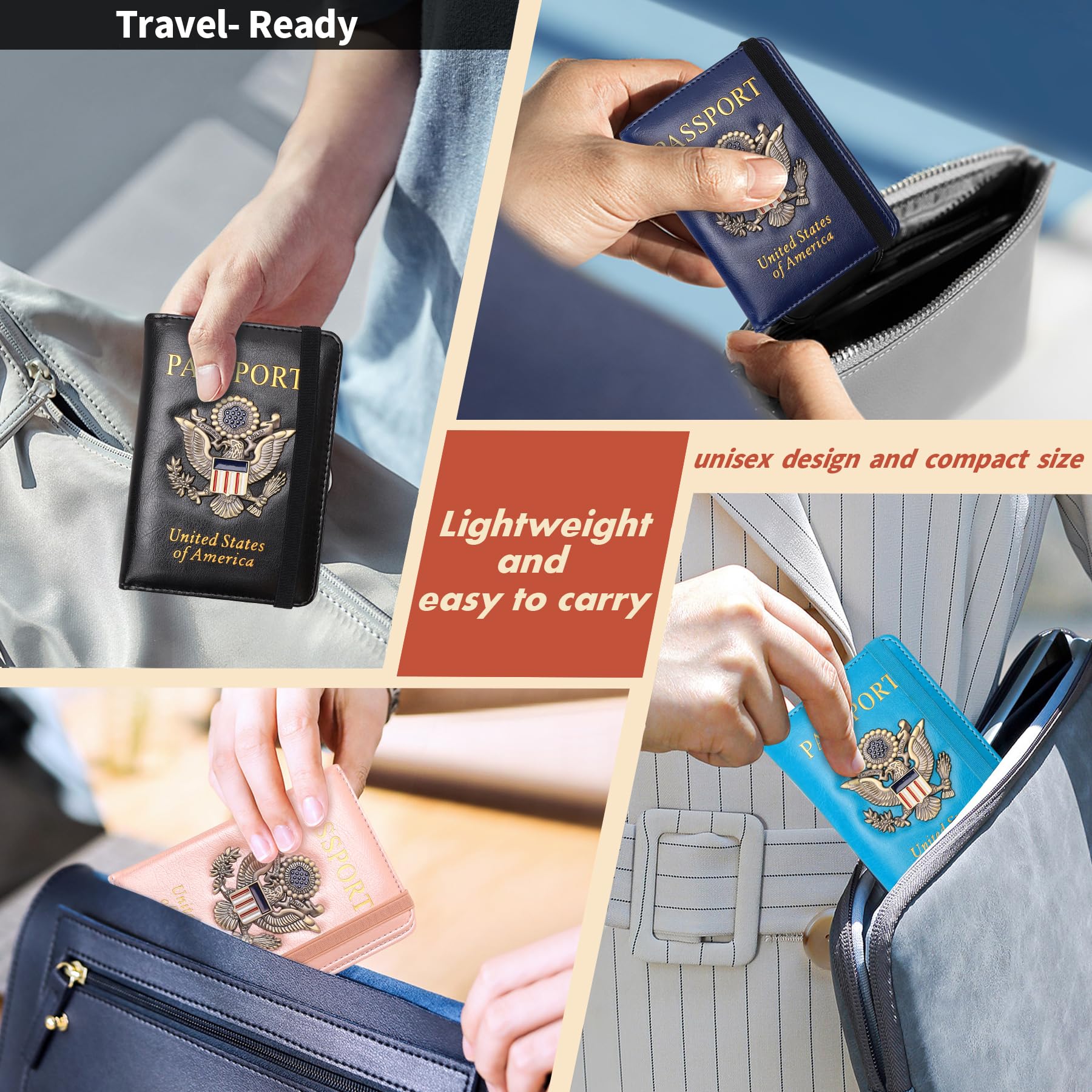 Funda para pasaporte, cartera de viaje con bloqueo RFID, carteras para pasaporte, organización de pasaporte familiar, funda personalizada para hombres y mujeres, imprescindible de viaje, Negro -, 8