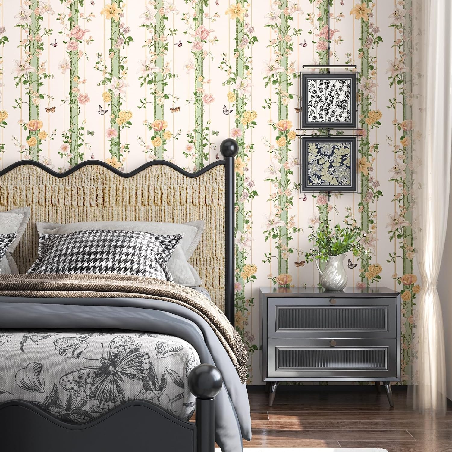 BOKEBEVE Boho Wallpaper Peel and Stick Floral Contact Paper Butterfly Wall Paper for Tabletop Bathroom Shelf Liner Removable Renter Friendly Beige Pink 17.5 x 118In