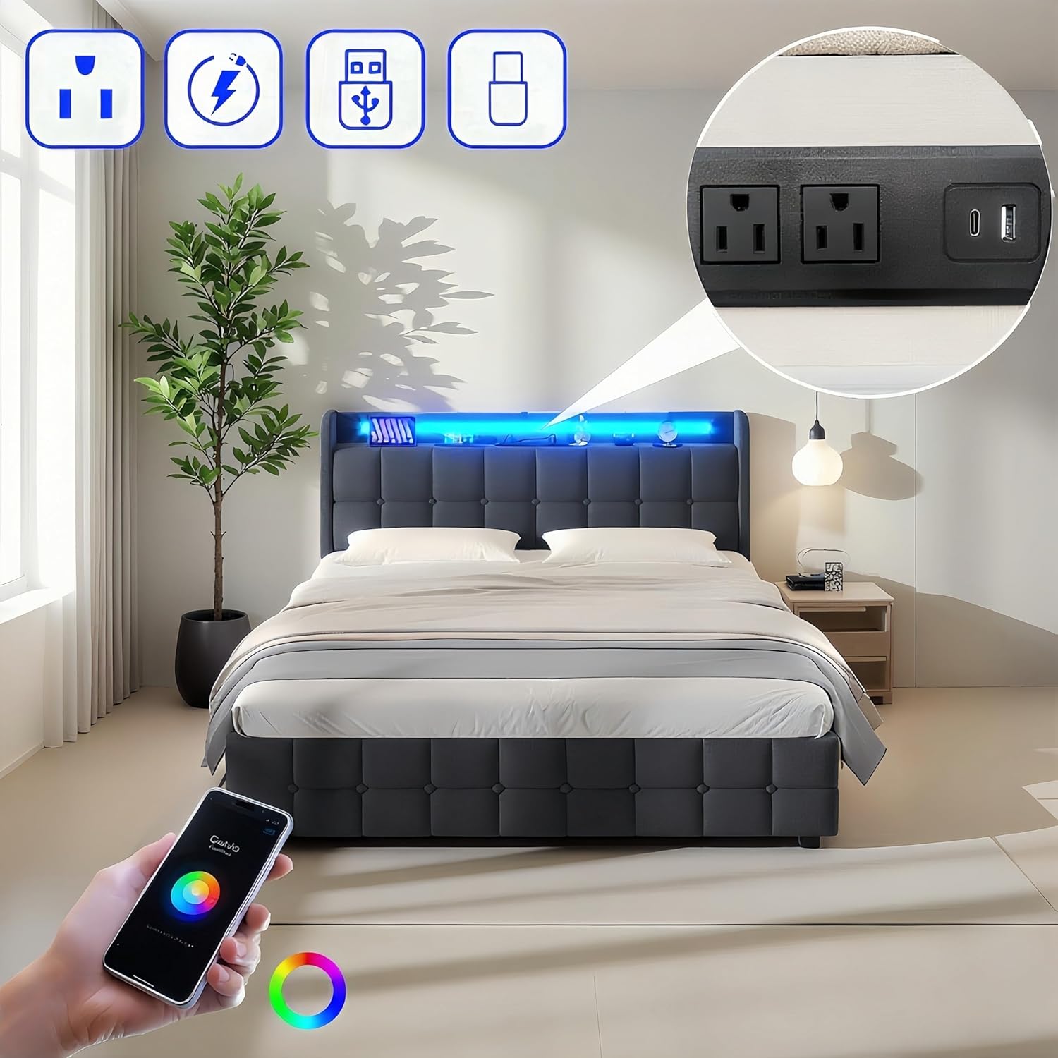 Full Bed Frame with Headboard and LED Lights, 4-Drawer Storage, Slat Support, Charging Station, No Noise, Upholstered Fabric Platform Bed, No Box Spring Needed (Grey, Full)