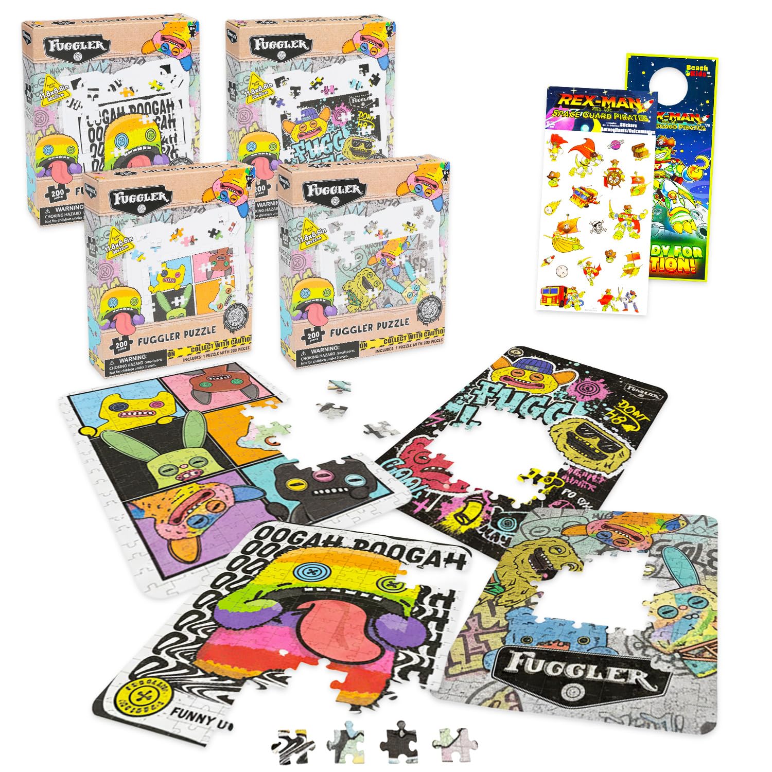 Fuggler Juego de rompecabezas – Paquete de 4 unidades con 200 piezas divertidas de monstruos feos más calcomanías y más para niños, adultos | Rompecabezas Fuggler 4 unidades