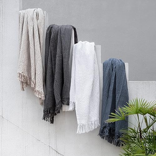 Miniatura 7 de Manta Queen de 100 % algodón con flecos, 90 x 90 pulgadas, manta de tejido de gofre prelavada para todas las estaciones, ligera, transpirable, suave