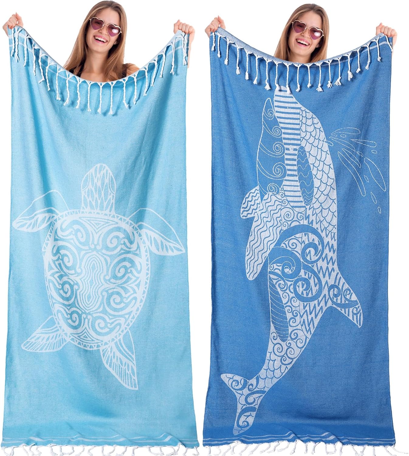 2 Pcs Oversized Turkish Beach Towel 35 x 71 Absorbent Cotton Bath Pool Swim Towels Extra Large Beach Sand Towel Beach Accessories Essentials for Adult Summer Travel (Turtle and Shark) Turtle and Shark 2