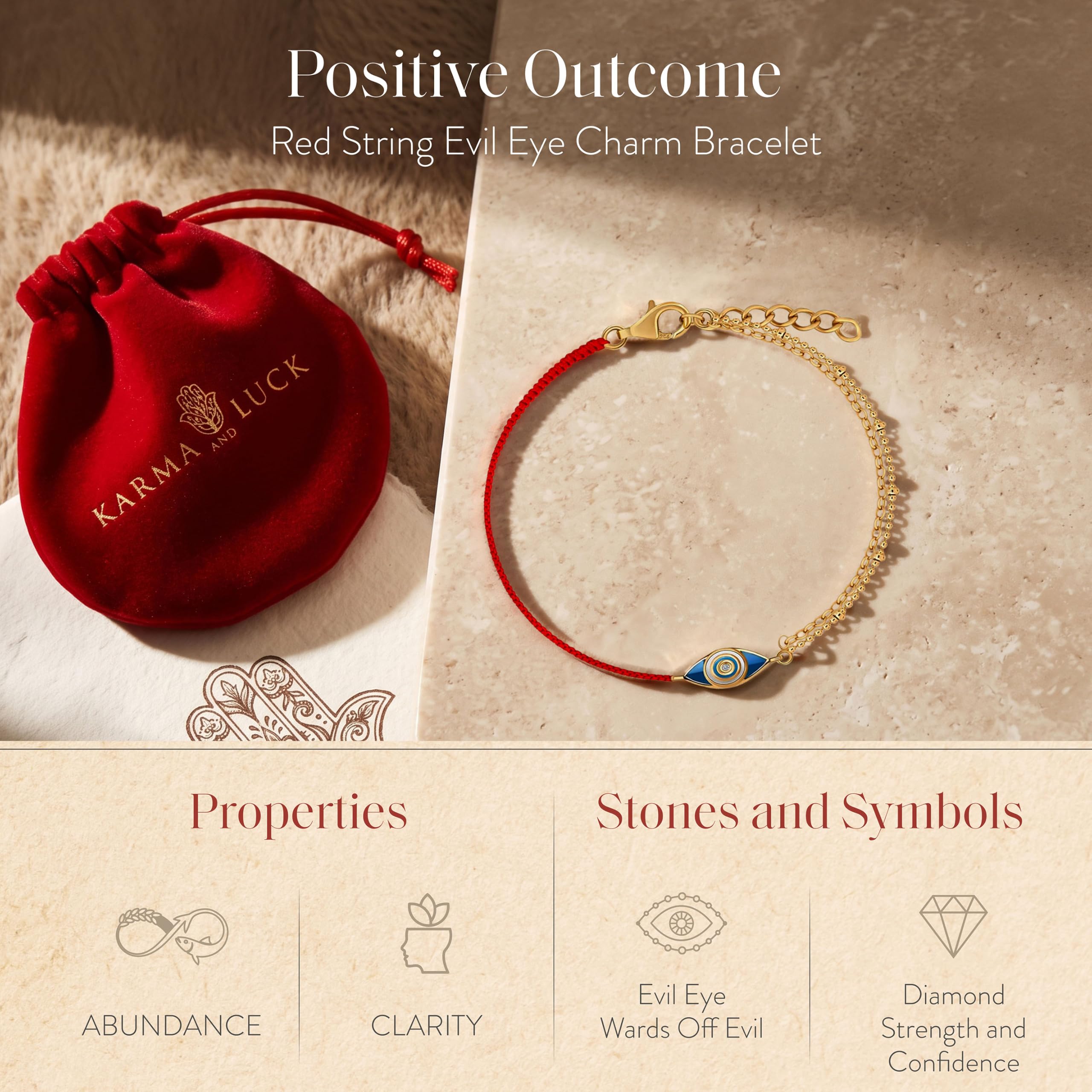 KARMA AND LUCK Pulsera ajustable de cuerda roja, dije de 18 quilates para mujer, hecha a mano en Bali para suerte y éxito
