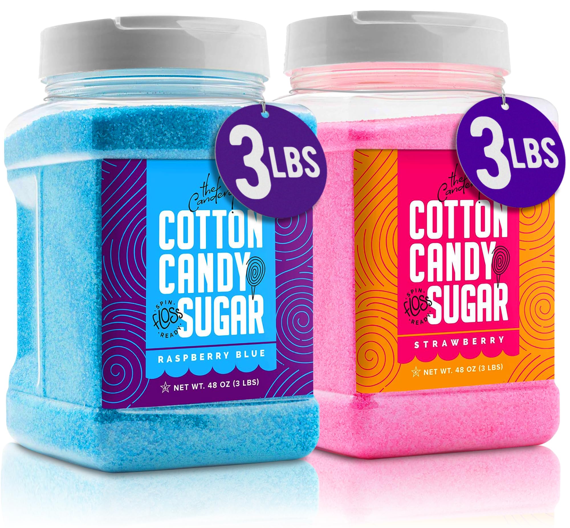 The Candery Cotton Candy Floss Sugar (2-Pack) Includes | Raspberry Blue and Strawberry | Plastic, Reusable Jars | Easy Pour Spout or Scoop | 3 LBS Jars