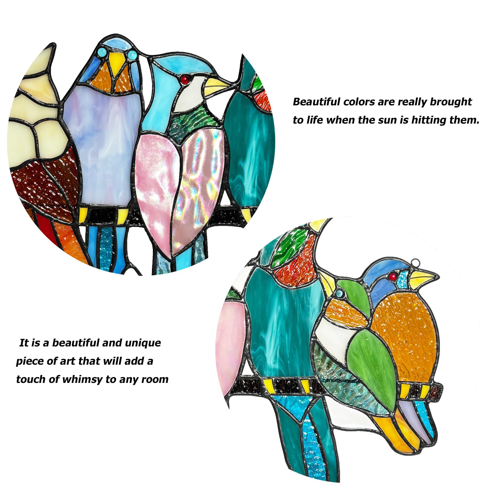 Buntglas-Vogel-Fensterbehang, 9 bunte Buntglas-Vögel auf Ast, Sonnenfänger, handgefertigt, Tiffany-Stil, Vogelliebhaber, Geschenk, Dekoration für Mutter, Frauen