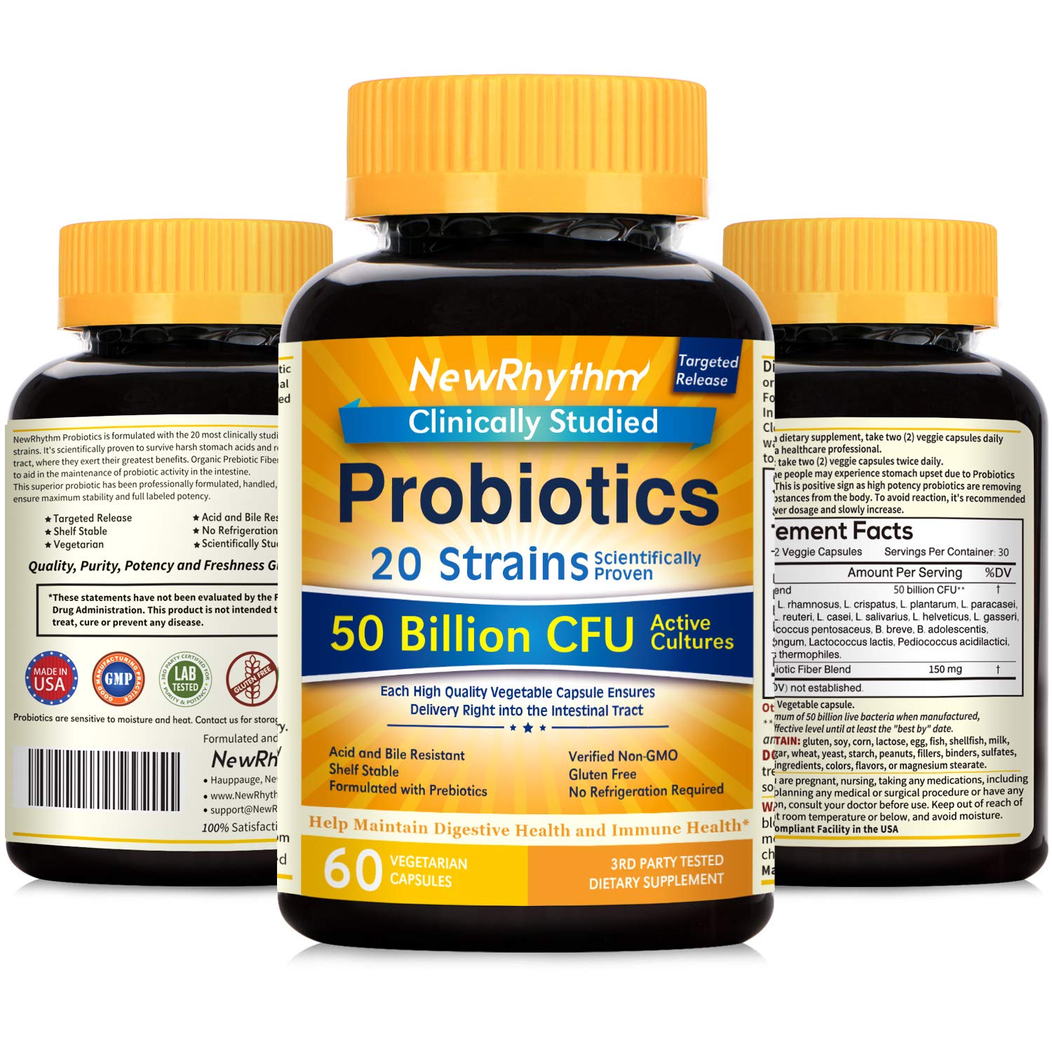NewRhythm Probiotics 50 Billion CFU 20 Strains, 60 Veggie Capsules
