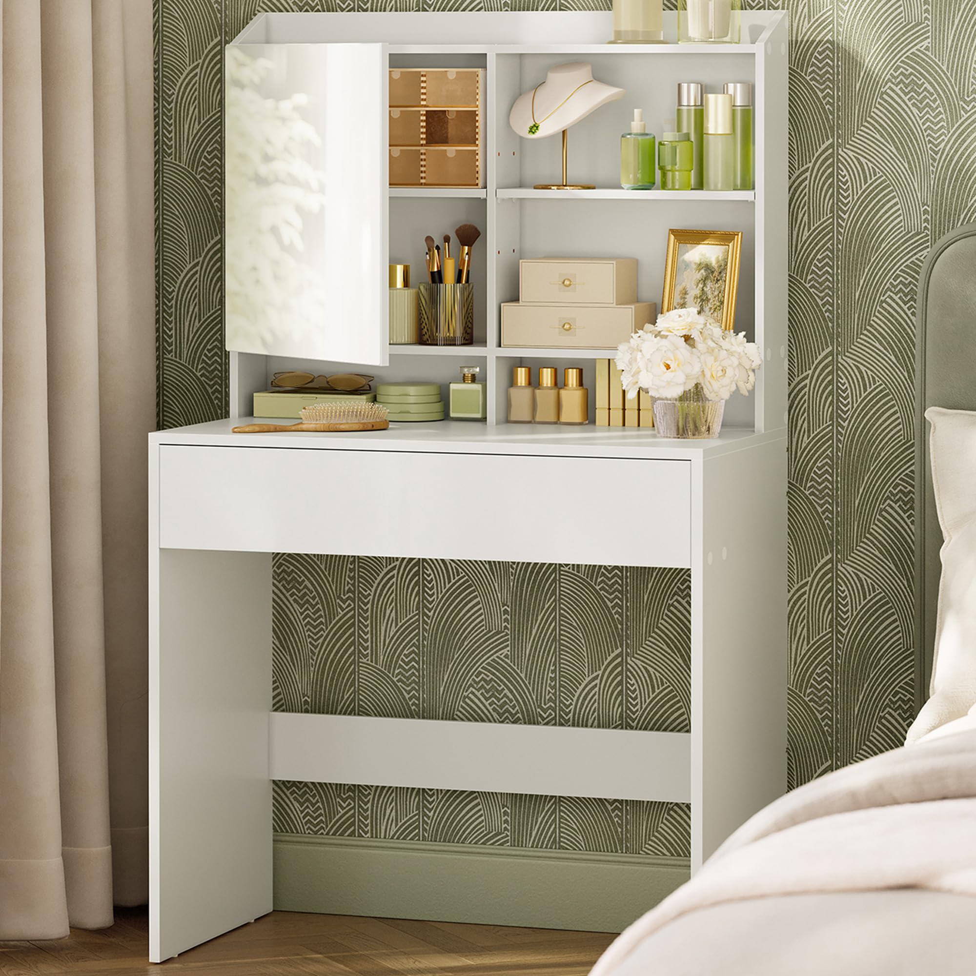 VASAGLE KAILYN Collection - Coiffeuse, Table de maquillage, avec miroir, avec placard de rangement et tiroir, étagères réglables, coin beauté, style moderne, 70 x 40 x 136 cm, Blanc RDT118W01