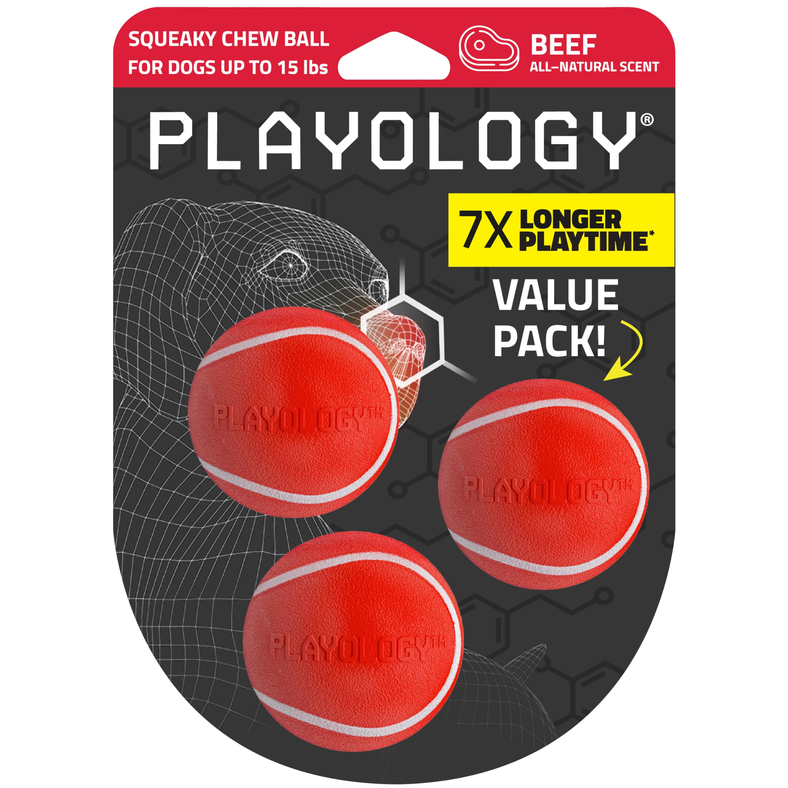 Playology Dog Toys | Squeaky Chew Ball - Bouncy Durable Floating Fetch Ball for Dogs, Value 3-Pack | Small Beef Scented Toy - Easy to Clean and Made from Non Toxic Materials